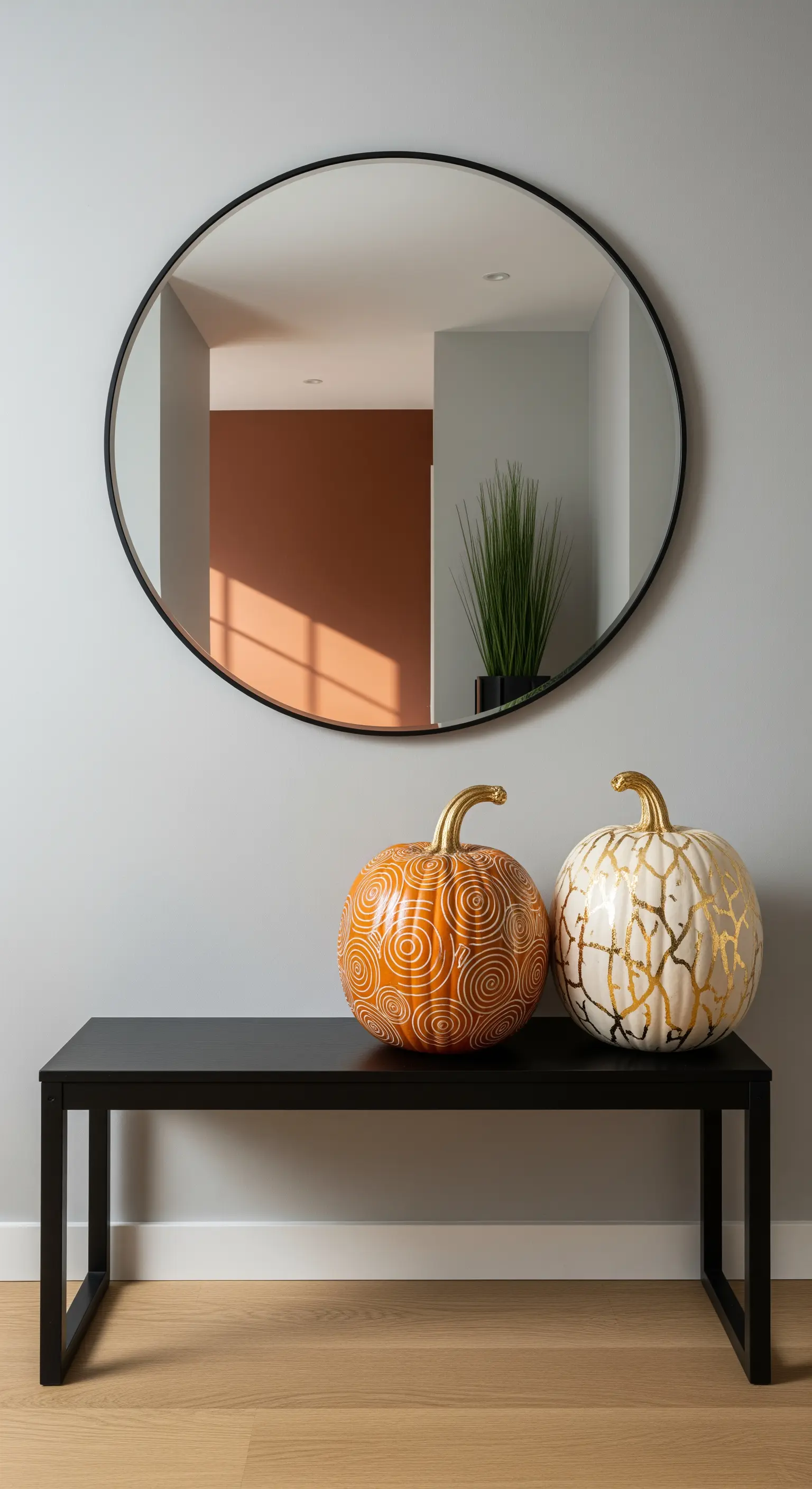 Eingangsbereich mit verzierte Kürbissen, schwarzer Bank und rundem Spiegel.