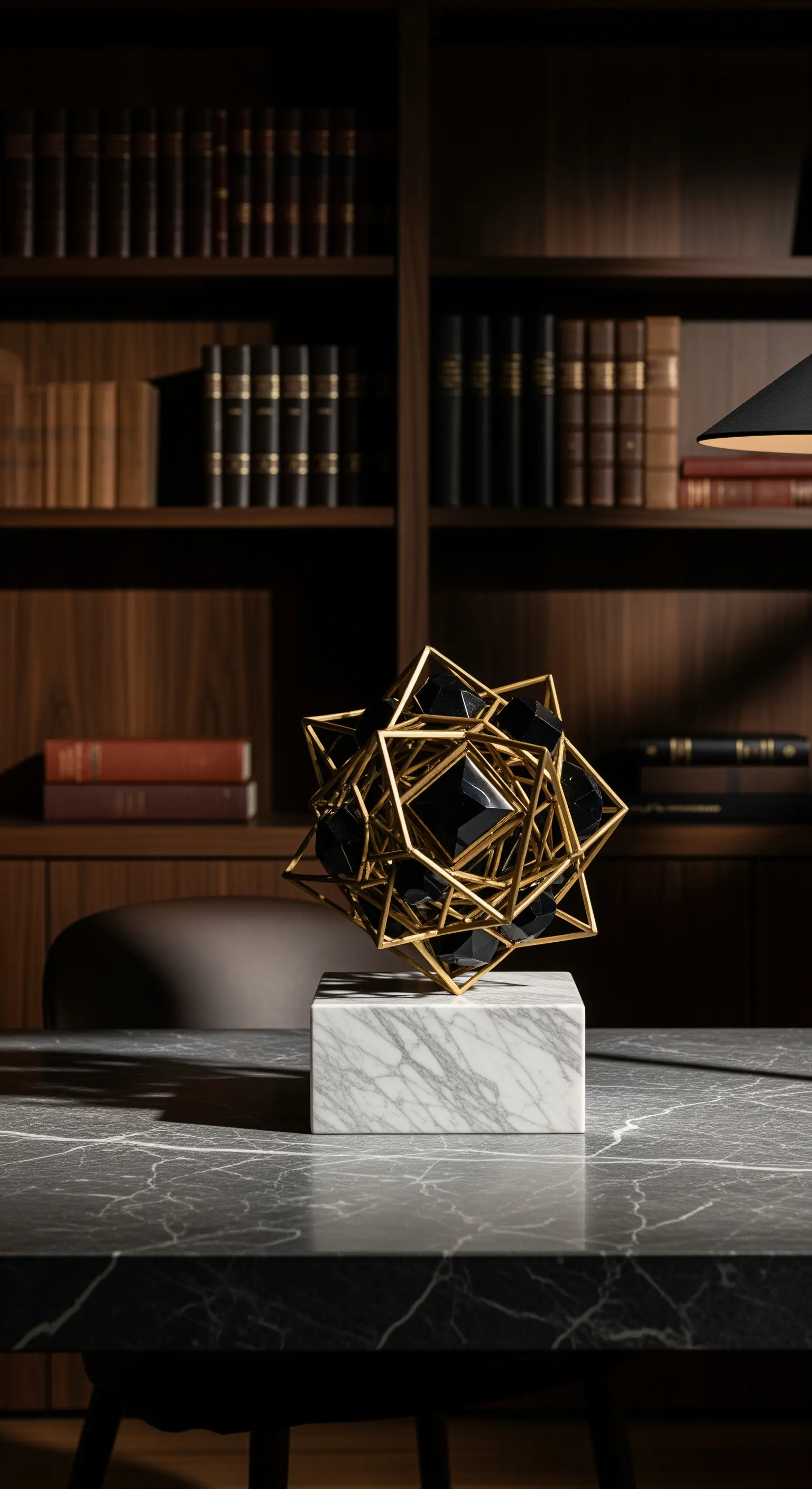 Goldene geometrische Schreibtischskulptur auf Marmorsockel.