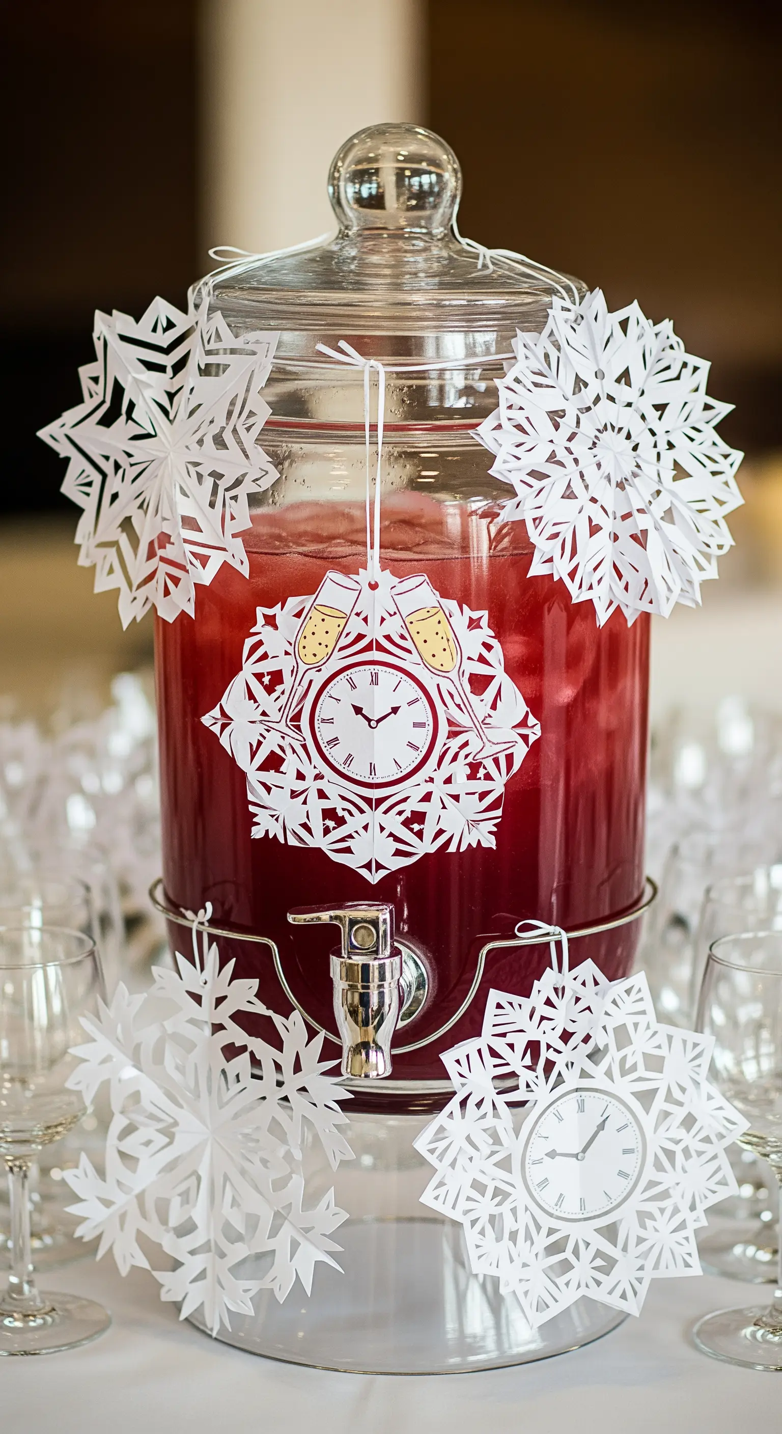 Ein Getränkespender, verziert mit filigranen Schneeflocken und Uhren aus weißem Papier.