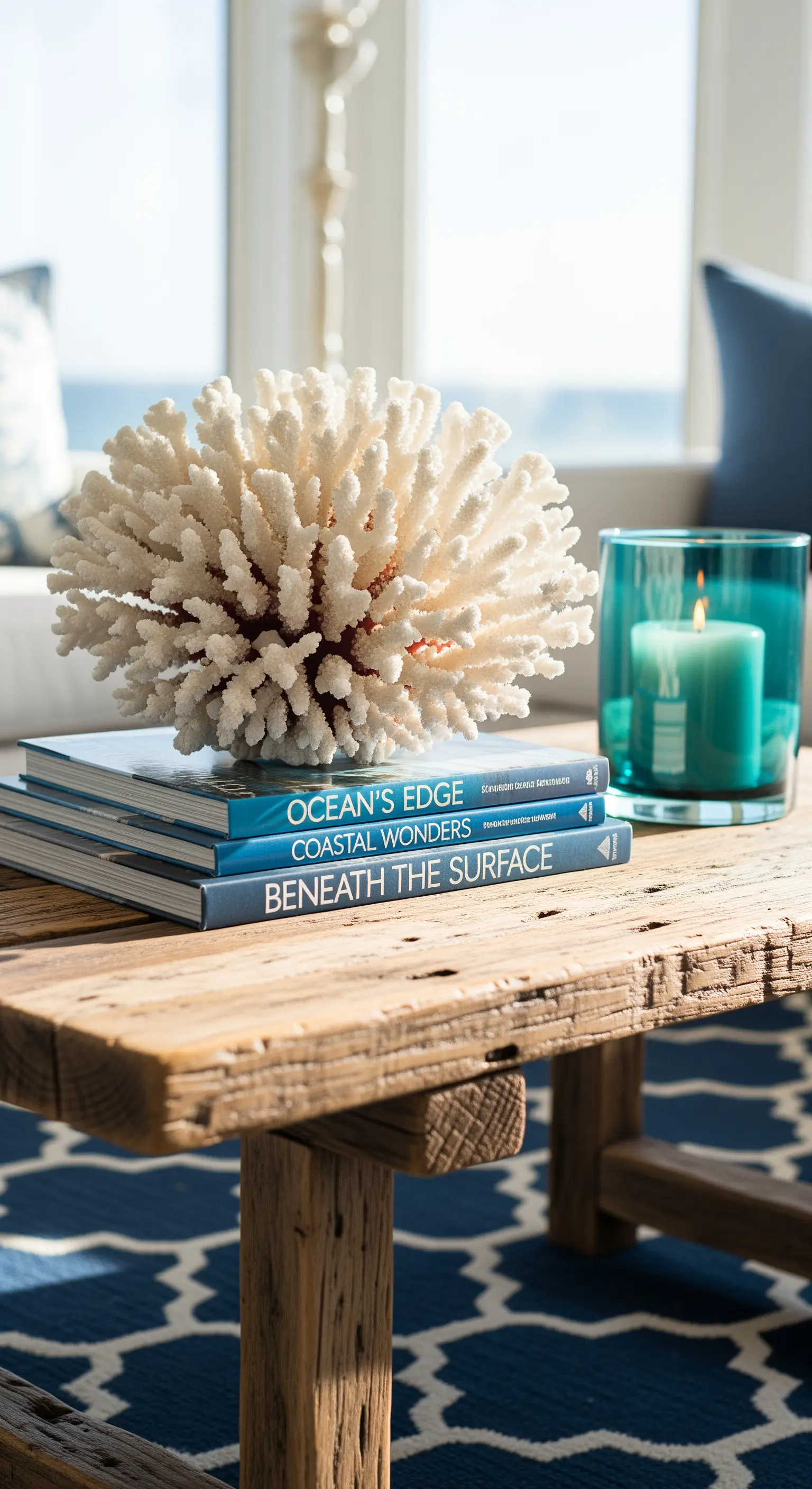 Couchtisch-Detail mit weißer Koralle, blauen Büchern und tealfarbener Kerze.