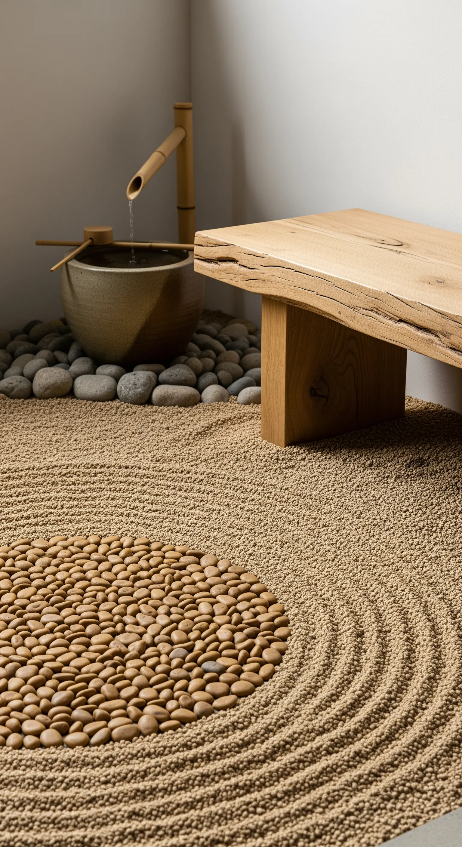 Bambus-Wasserspiel, Holzbank, geraktem Kies und Kieselsteinen