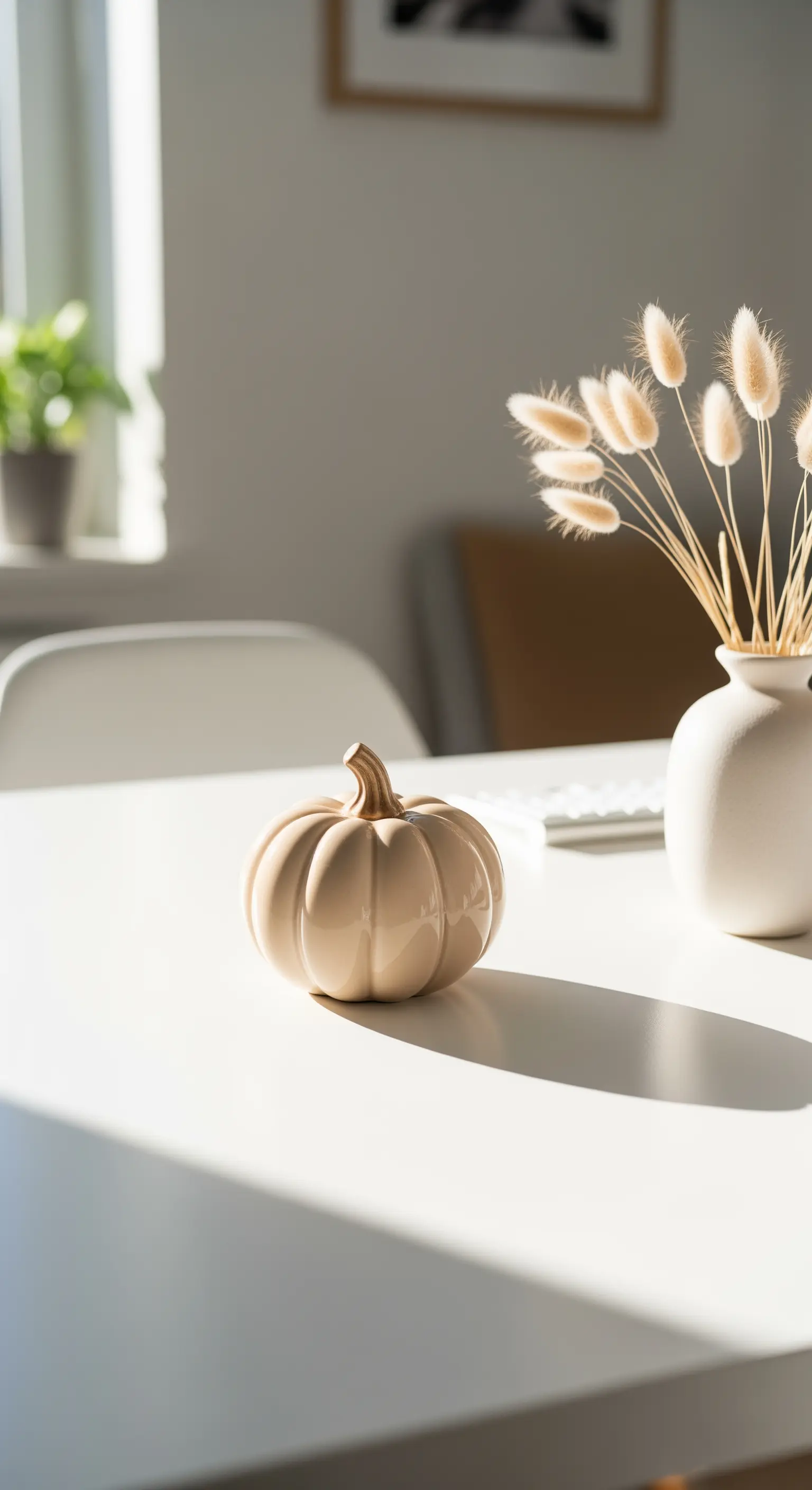 Schreibtisch mit kleinem beigen Keramikkürbis und Vase mit getrocknetem Gras.