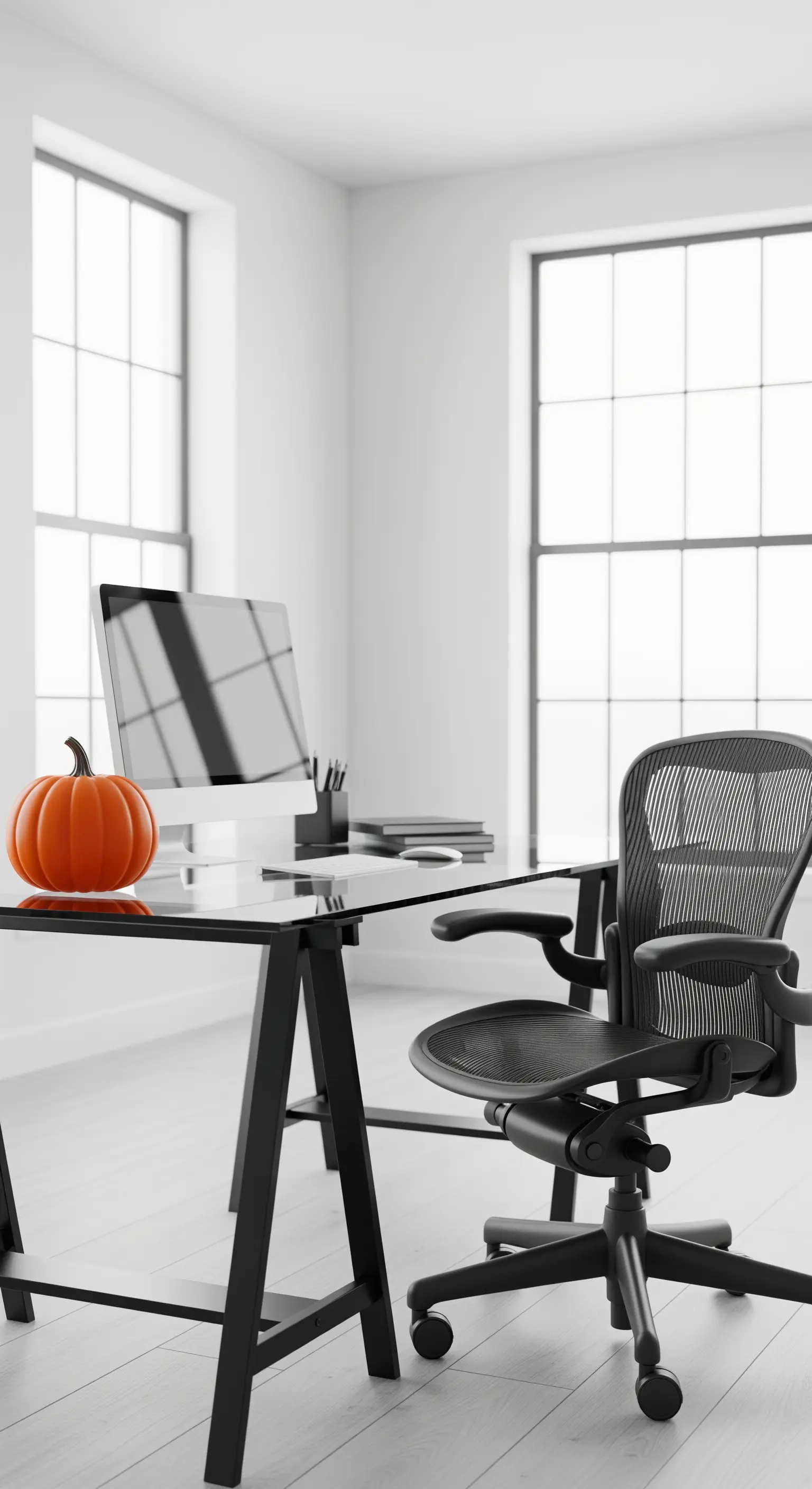 Home Office Schreibtisch mit einem orangefarbenen Kürbis