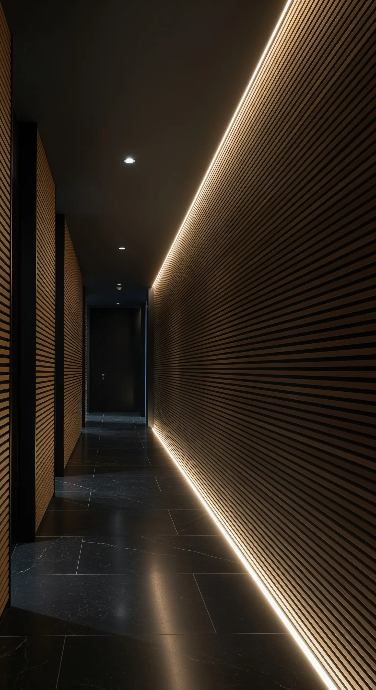 Langer, schmaler Flur mit Holzlamellen und einer diagonalen LED-Lichtlinie.