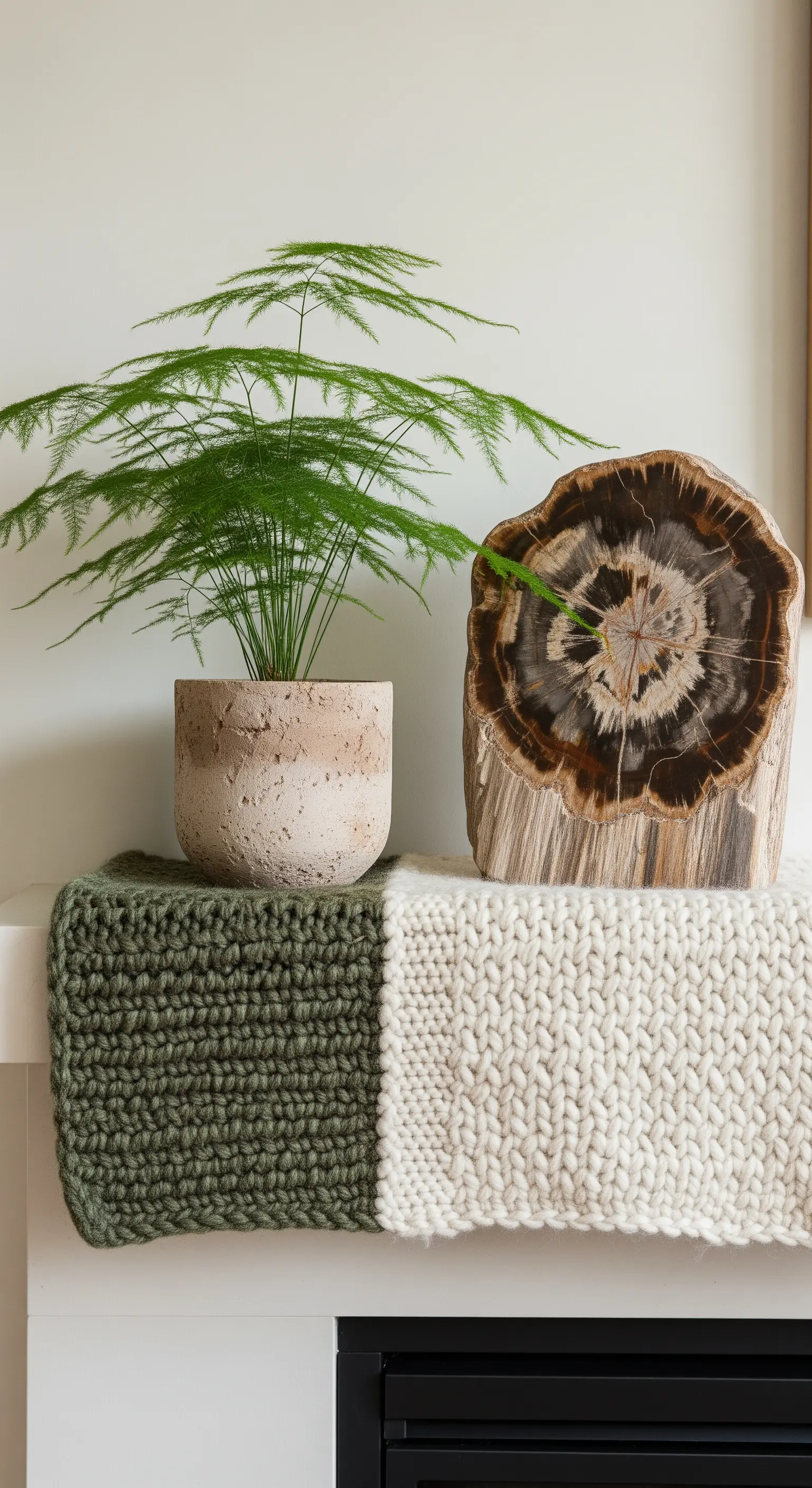 Zierspargel in einem Betontopf neben einem Stück versteinertem Holz auf einem gestrickten Läufer