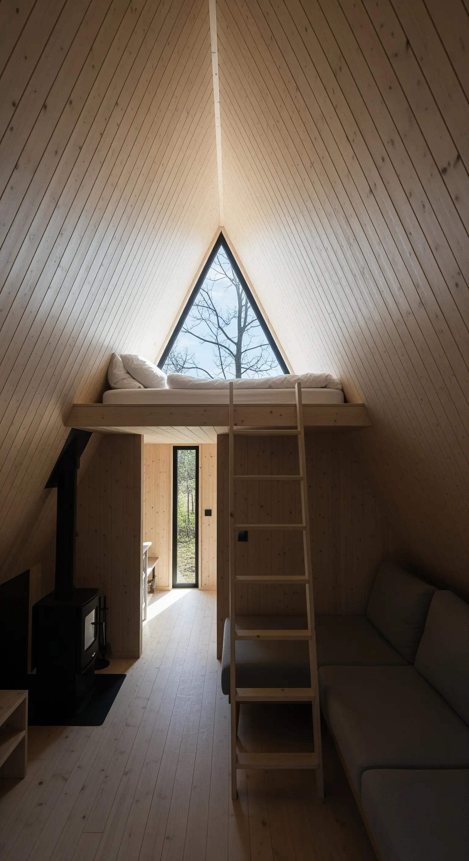 Innenraum einer Holzkabine in A-Form mit einem Schlaf-Loft unter dem Giebel.