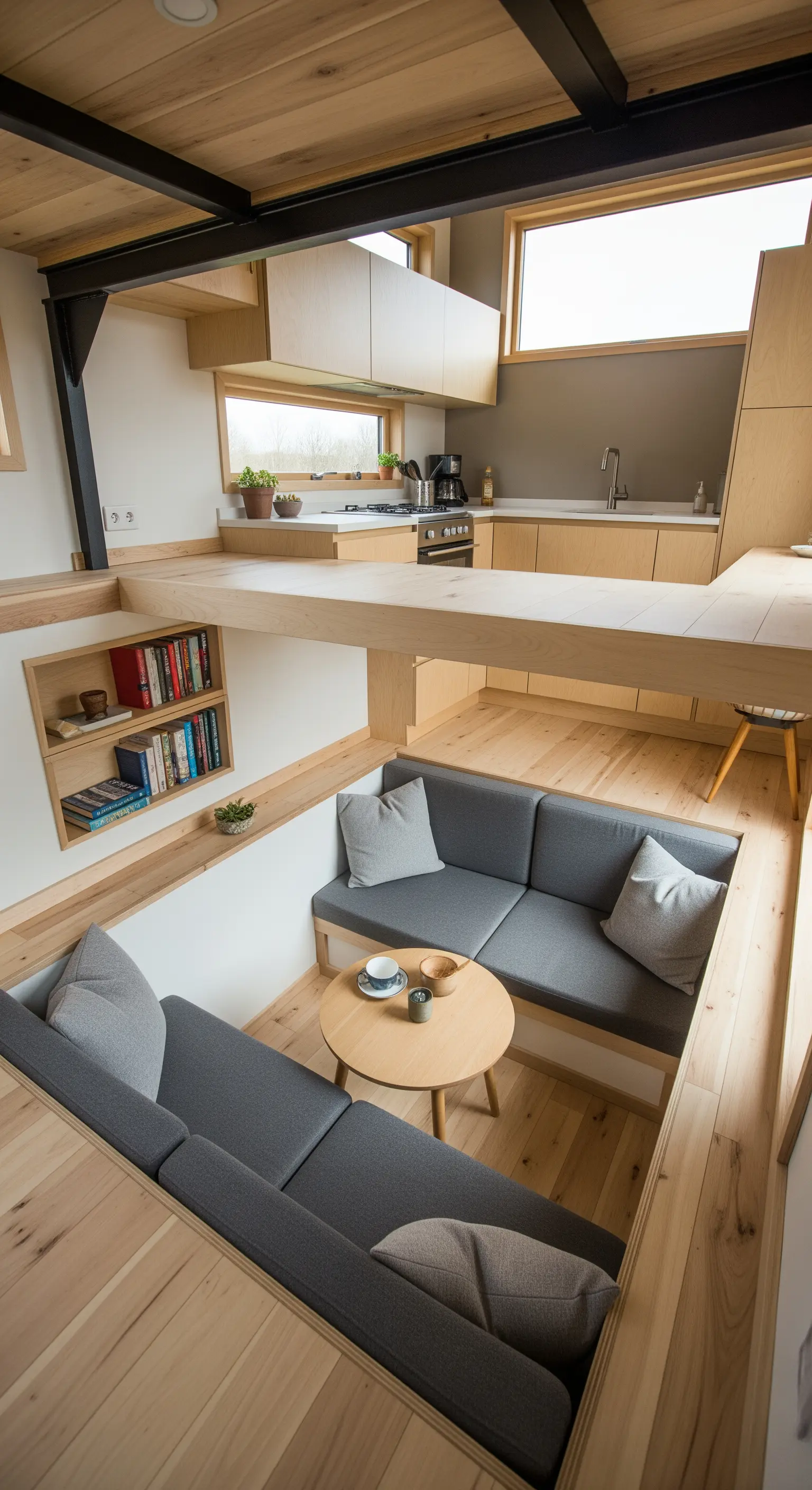 Abgesenkter Wohnbereich in einem Tiny House aus Holz für eine gemütliche Atmosphäre.
