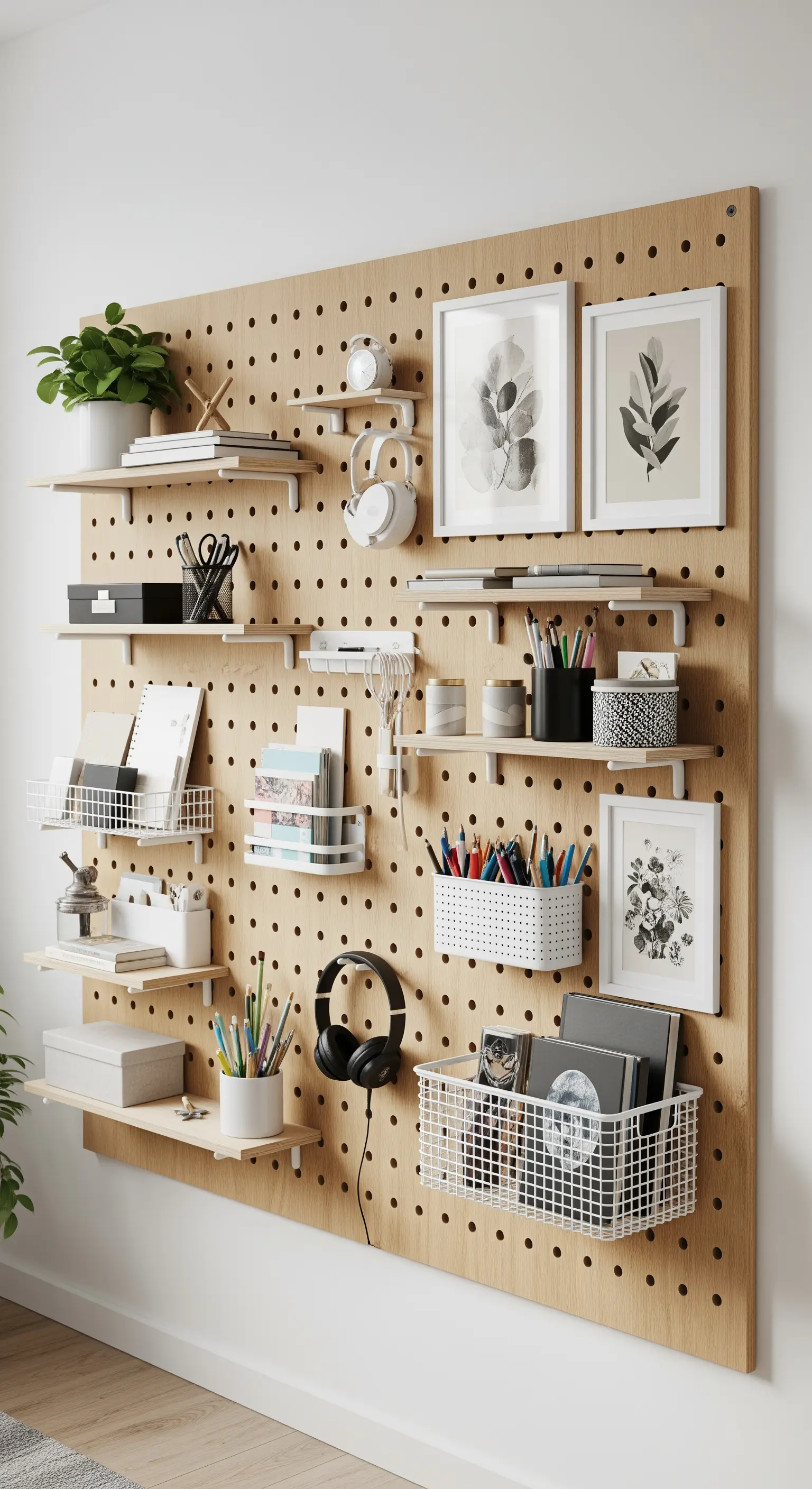 Große Lochwand aus Holz mit weißen Regalen, Körben und Bildern zur Organisation eines Arbeitsplatzes.
