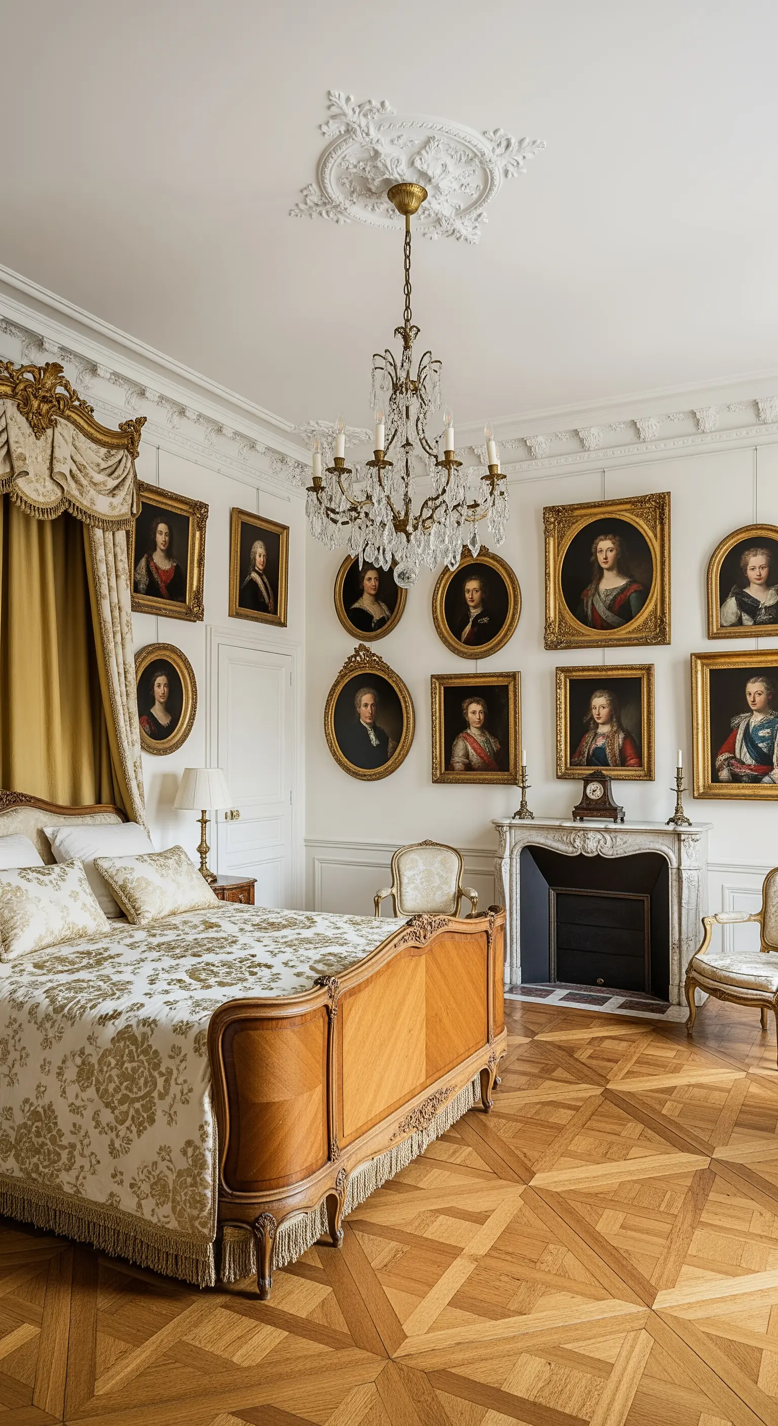 Klassisches Schlafzimmer im Pariser Stil mit einer Galerie aus Porträts in Goldrahmen.
