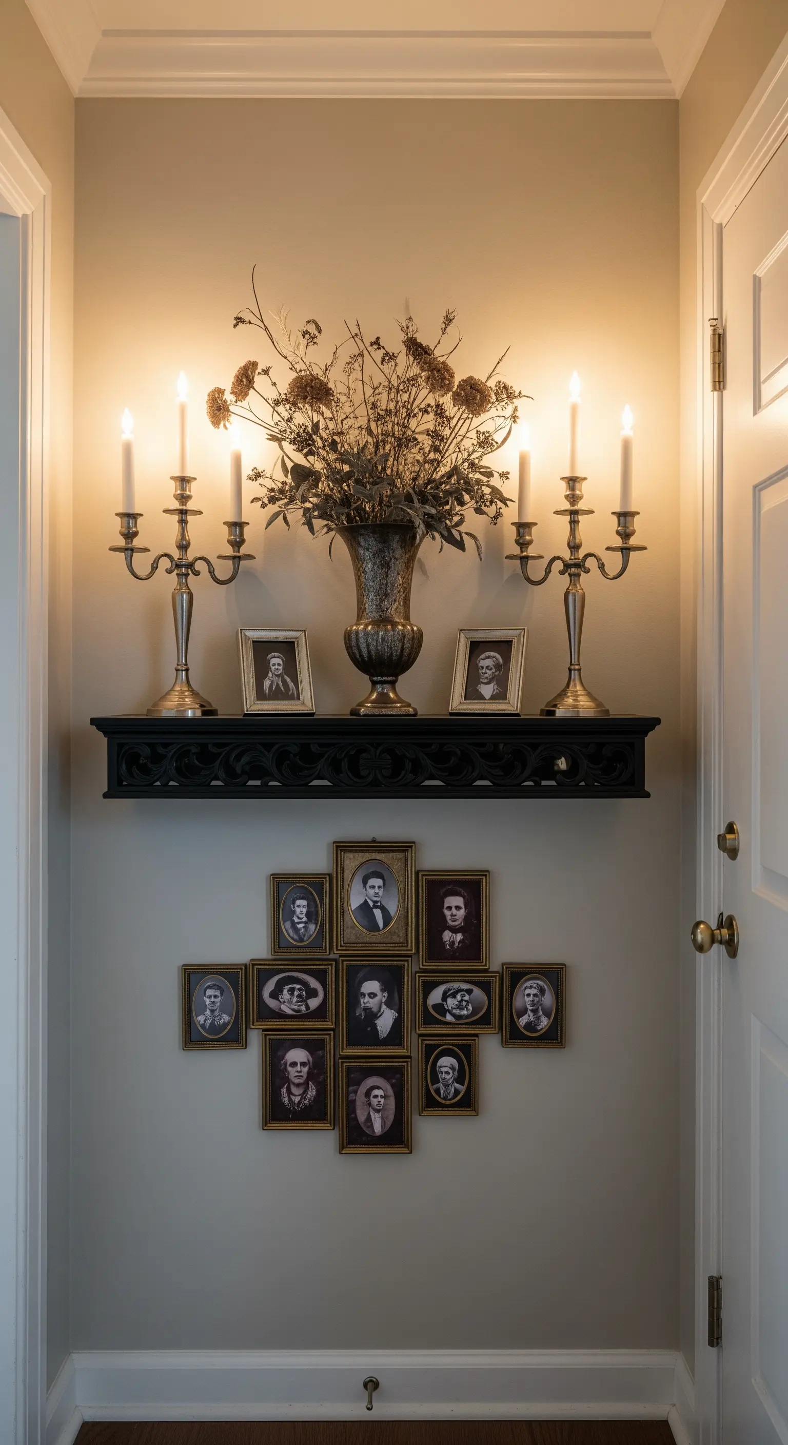 Ein gruseliger Eingangsbereich mit einer Ahnengalerie und Kerzenleuchtern.