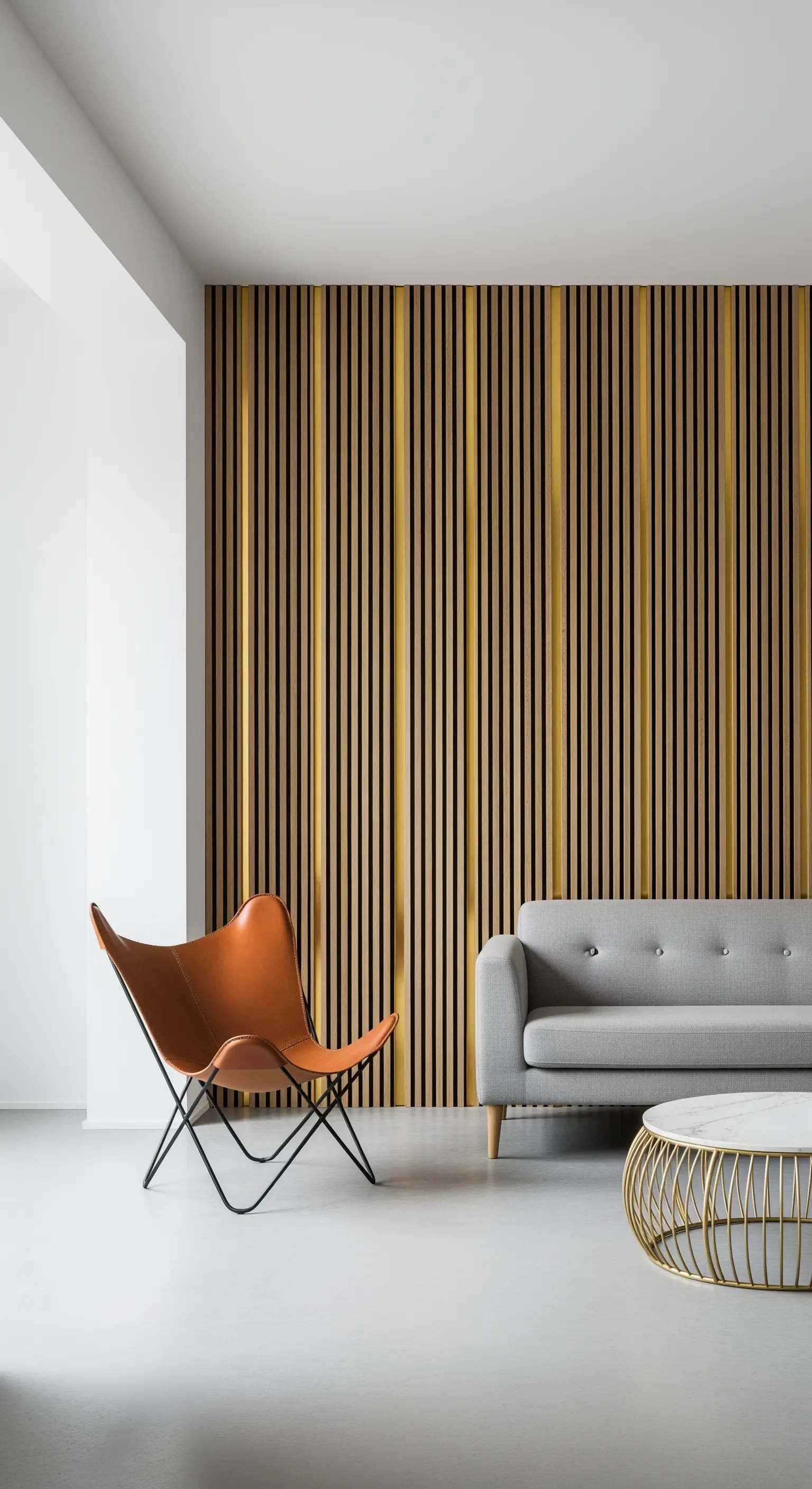 Moderne Wandverkleidung aus Holzlamellen, unterbrochen von einzelnen schmalen Goldlamellen.
