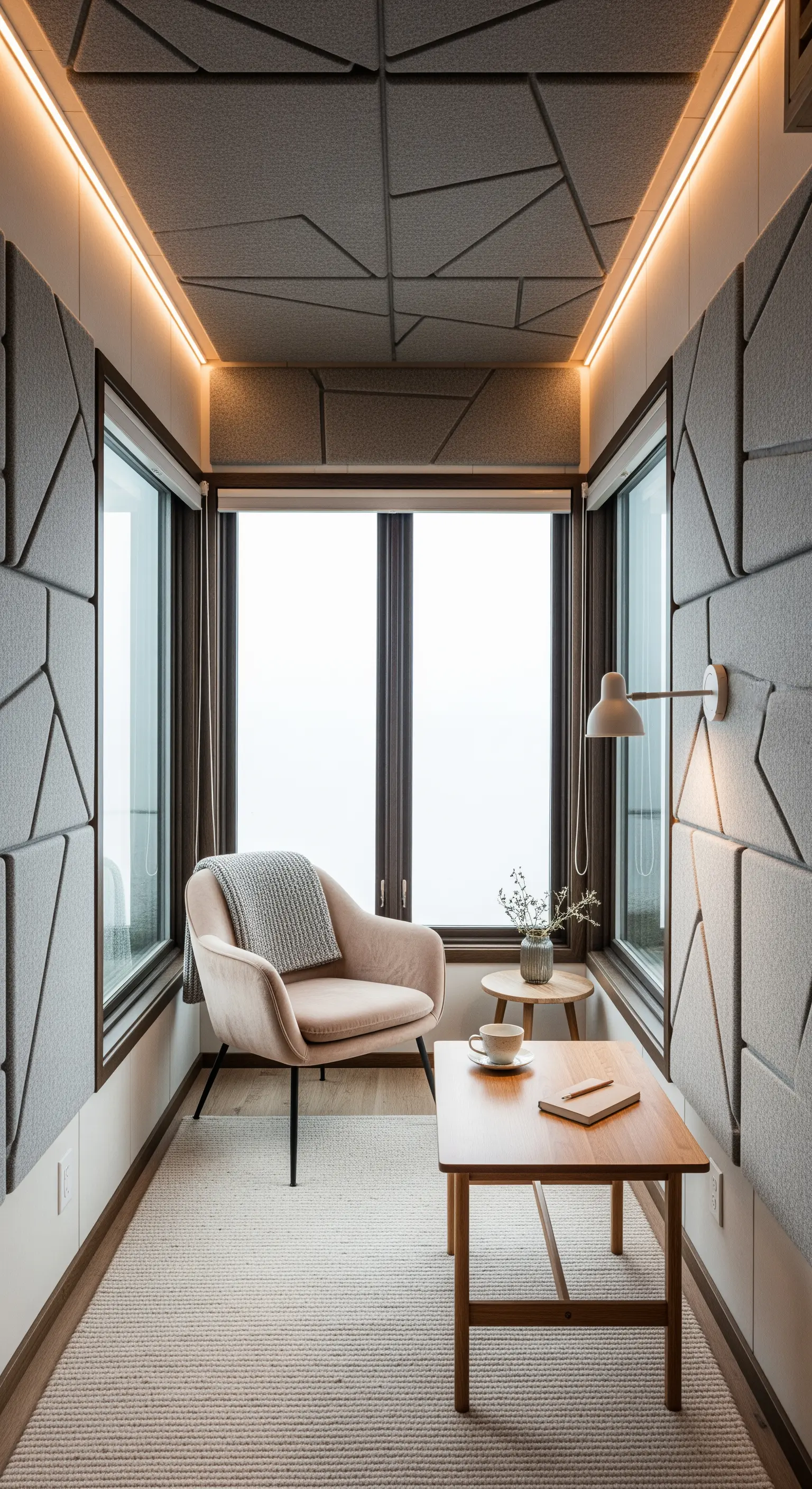 Schmale Leseecke mit einem rosa Sessel, die mit grauen Akustikpaneelen verkleidet ist.