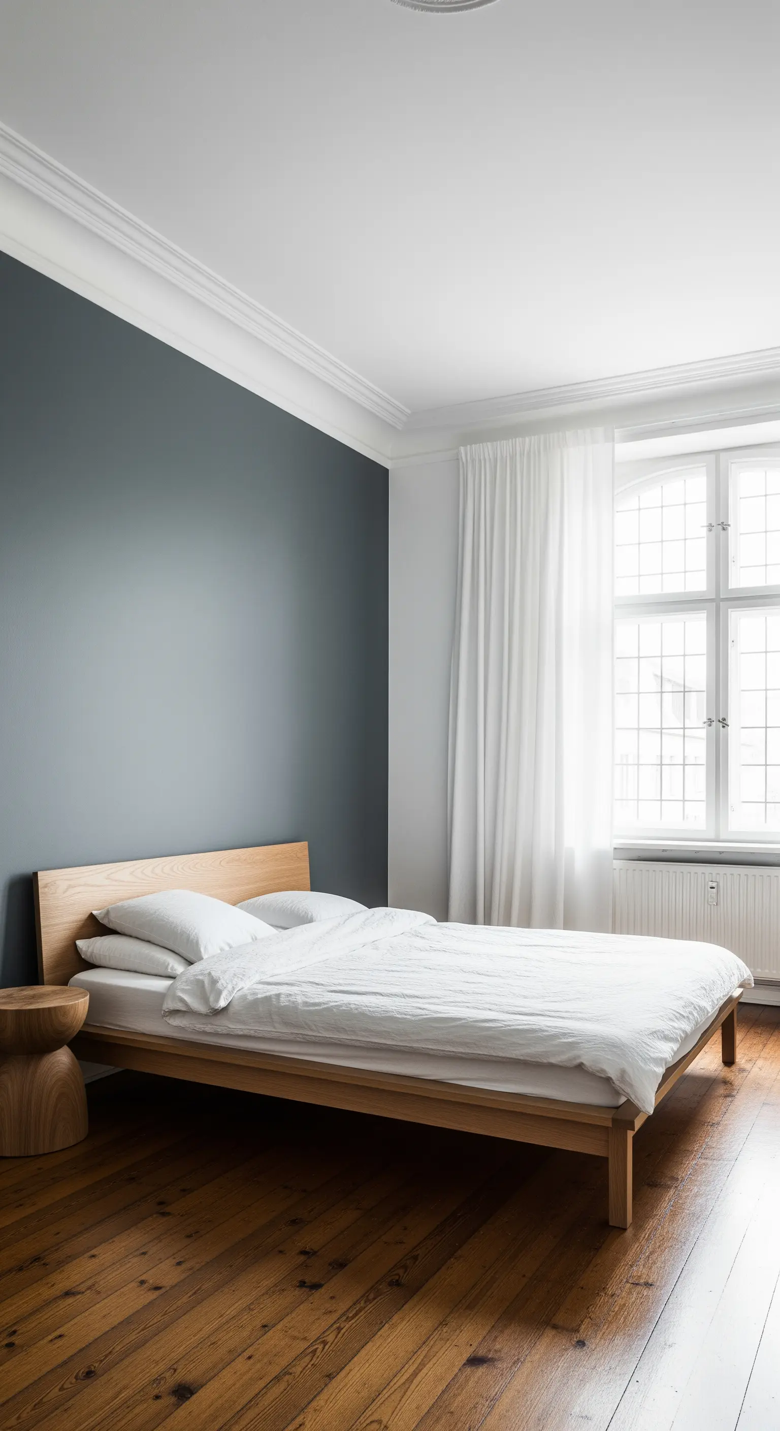 Minimalistisches Schlafzimmer mit dunkelblauer Akzentwand und hellem Holzbett.