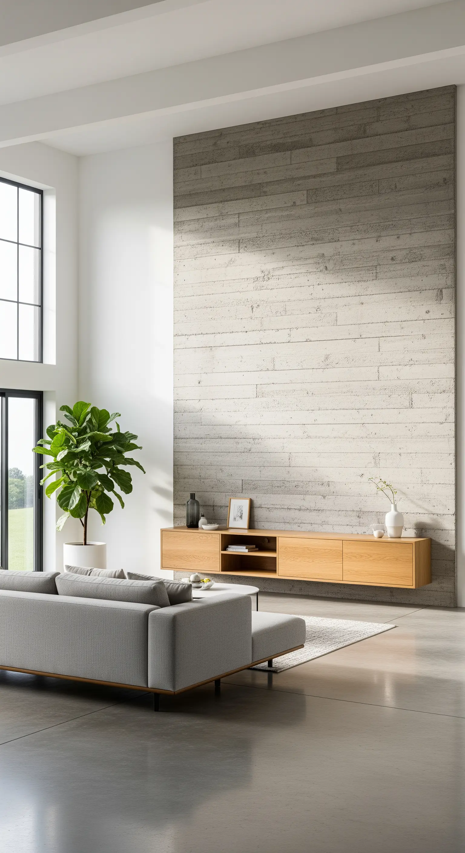 Wohnzimmer mit Beton-Akzentwand und schwebendem Holz-Sideboard.