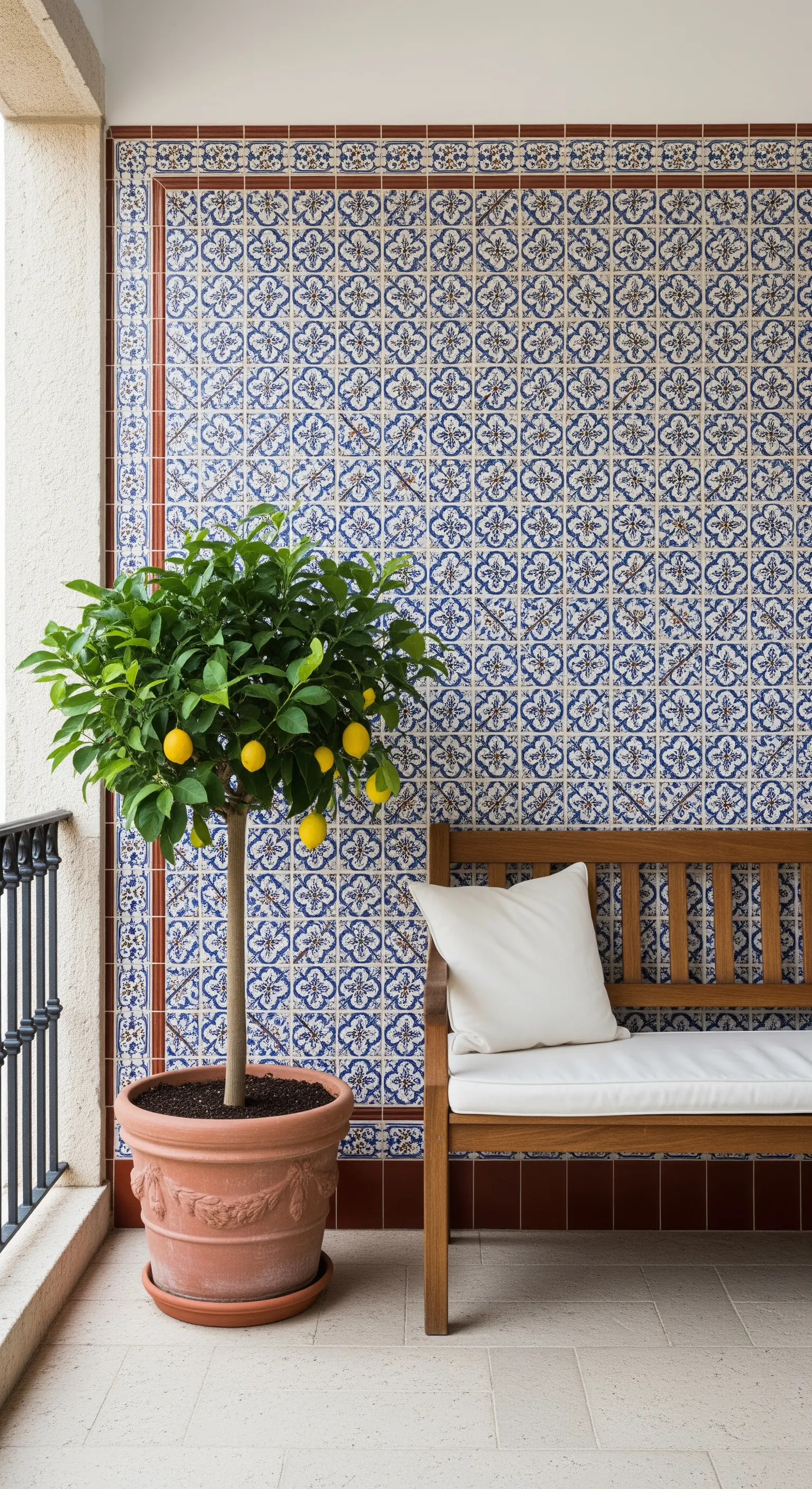 Balkonwand mit blau-weißen portugiesischen Fliesen hinter einer einfachen Holzbank.