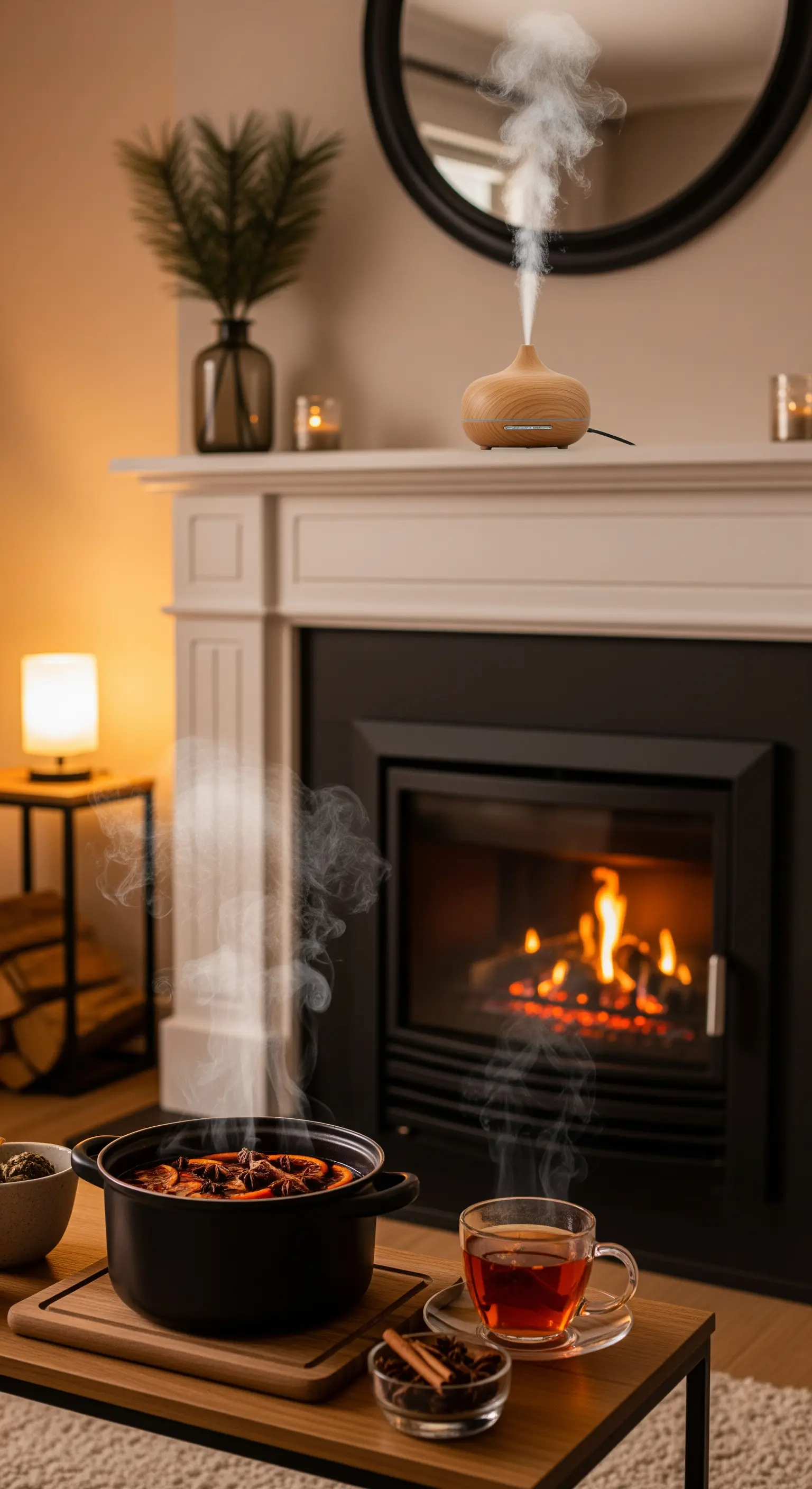 Ein Wohnzimmer mit Kamin, auf dem ein Aroma-Diffusor steht, und einem Topf Glühwein auf dem Tisch.