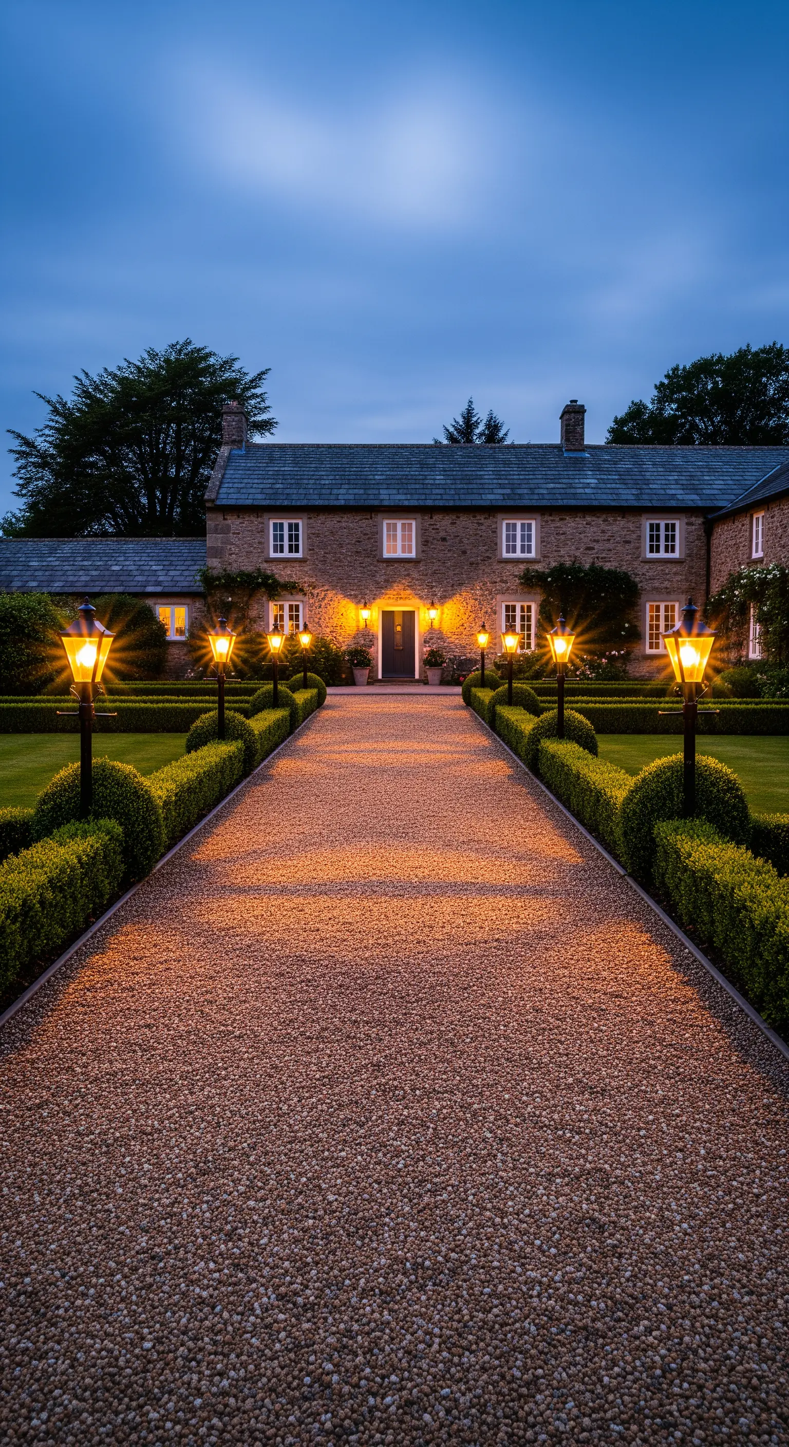 Symmetrisch angeordnete, hohe Kandelaber entlang einer gekiesten Auffahrt.