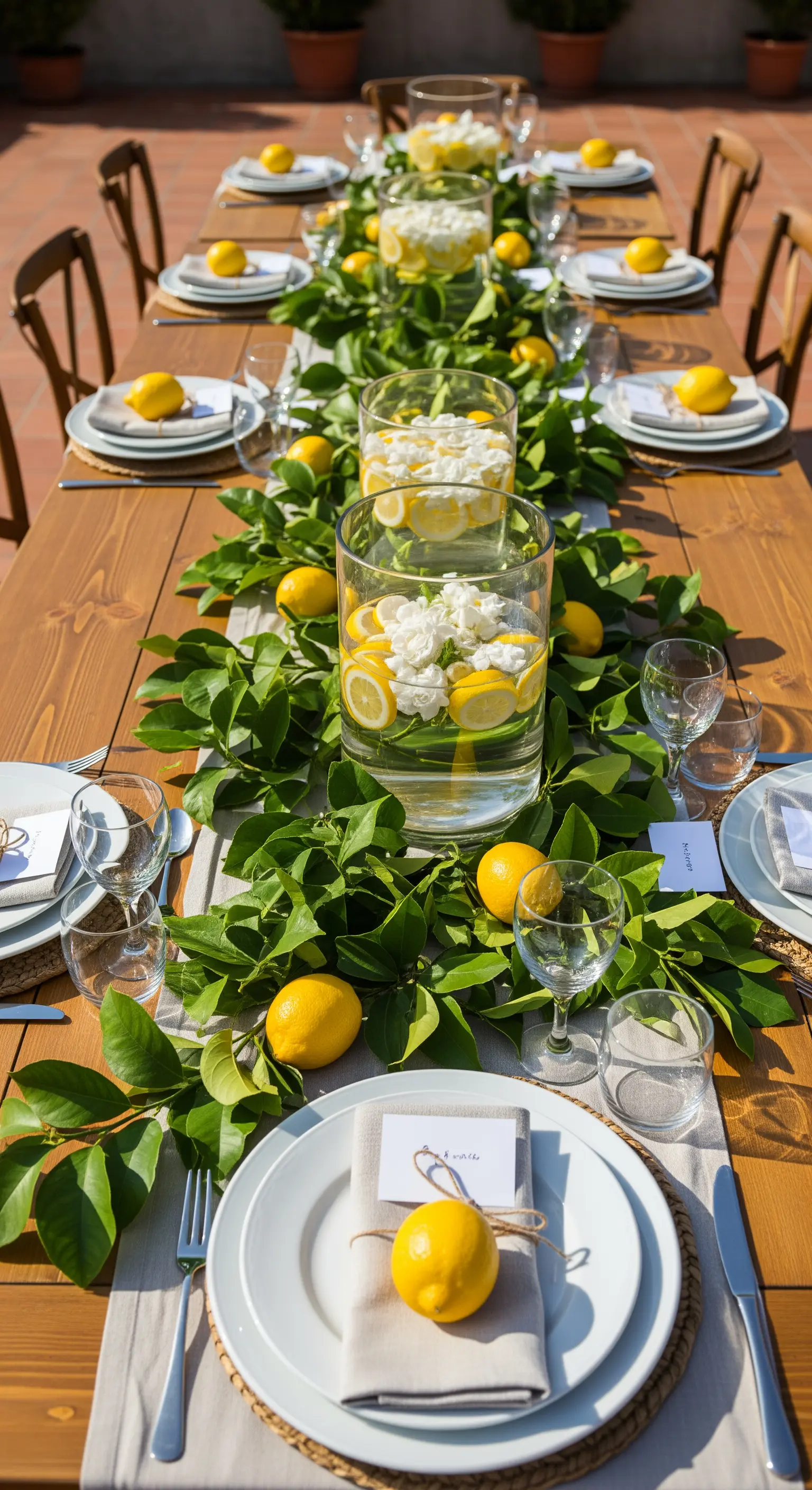 Sommerliche Tischdeko mit einer Girlande aus grünen Blättern und ganzen Zitronen auf einem Holztisch