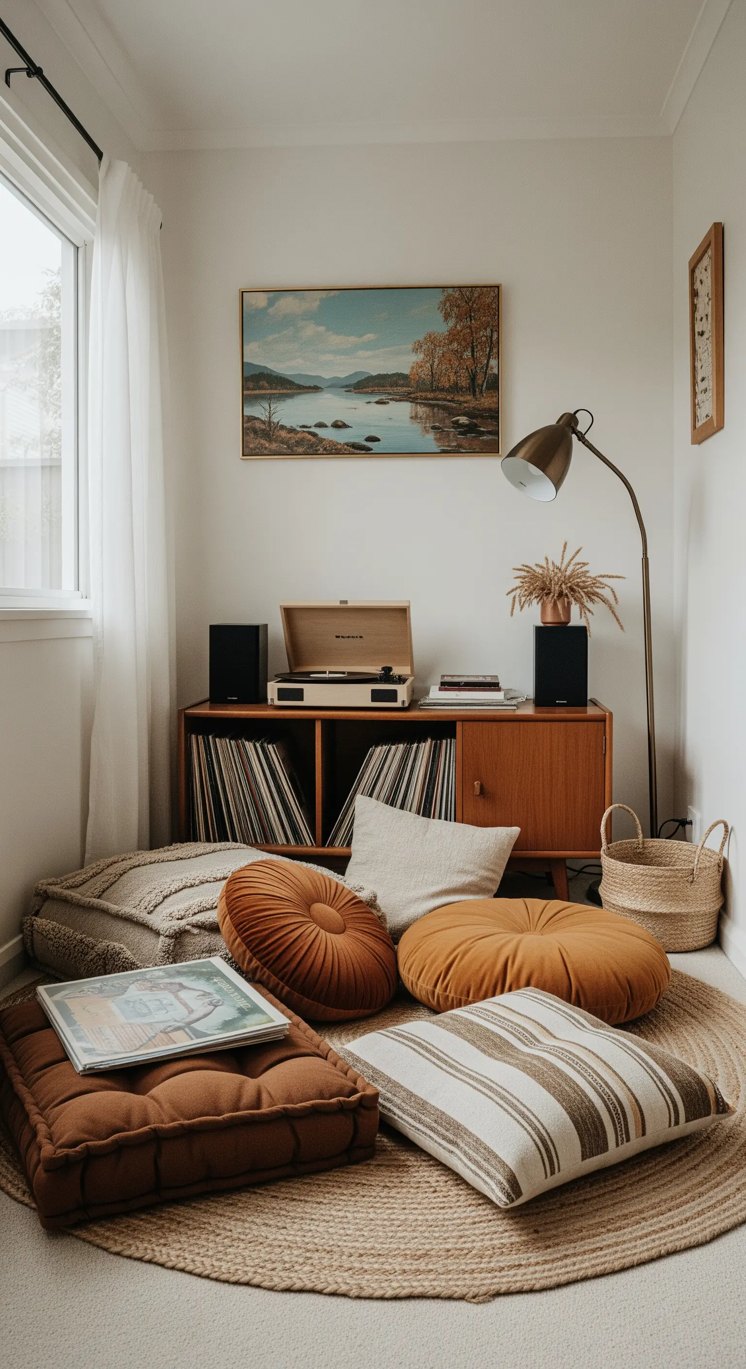 Gemütliche Musikecke mit Plattenspieler auf einem Sideboard und vielen Bodenkissen.