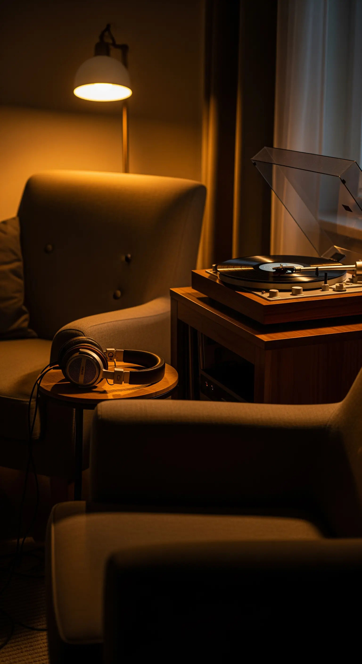 Eine gemütliche Ecke mit einem Sessel und einem Plattenspieler, beleuchtet von einer warmen Lampe.