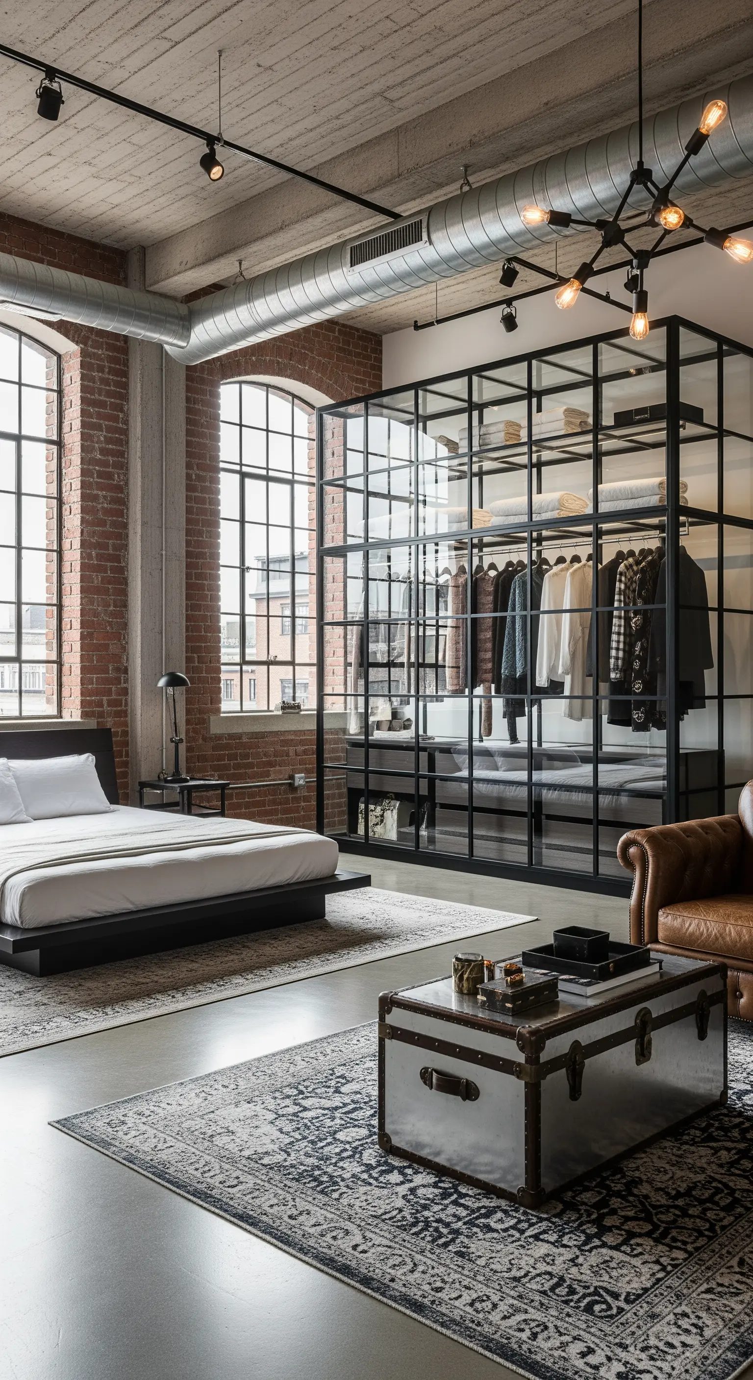 Industrielles Loft-Schlafzimmer mit einem schwarzen Stahl-Glas-Kleiderschrank als zentraler Raumteiler.