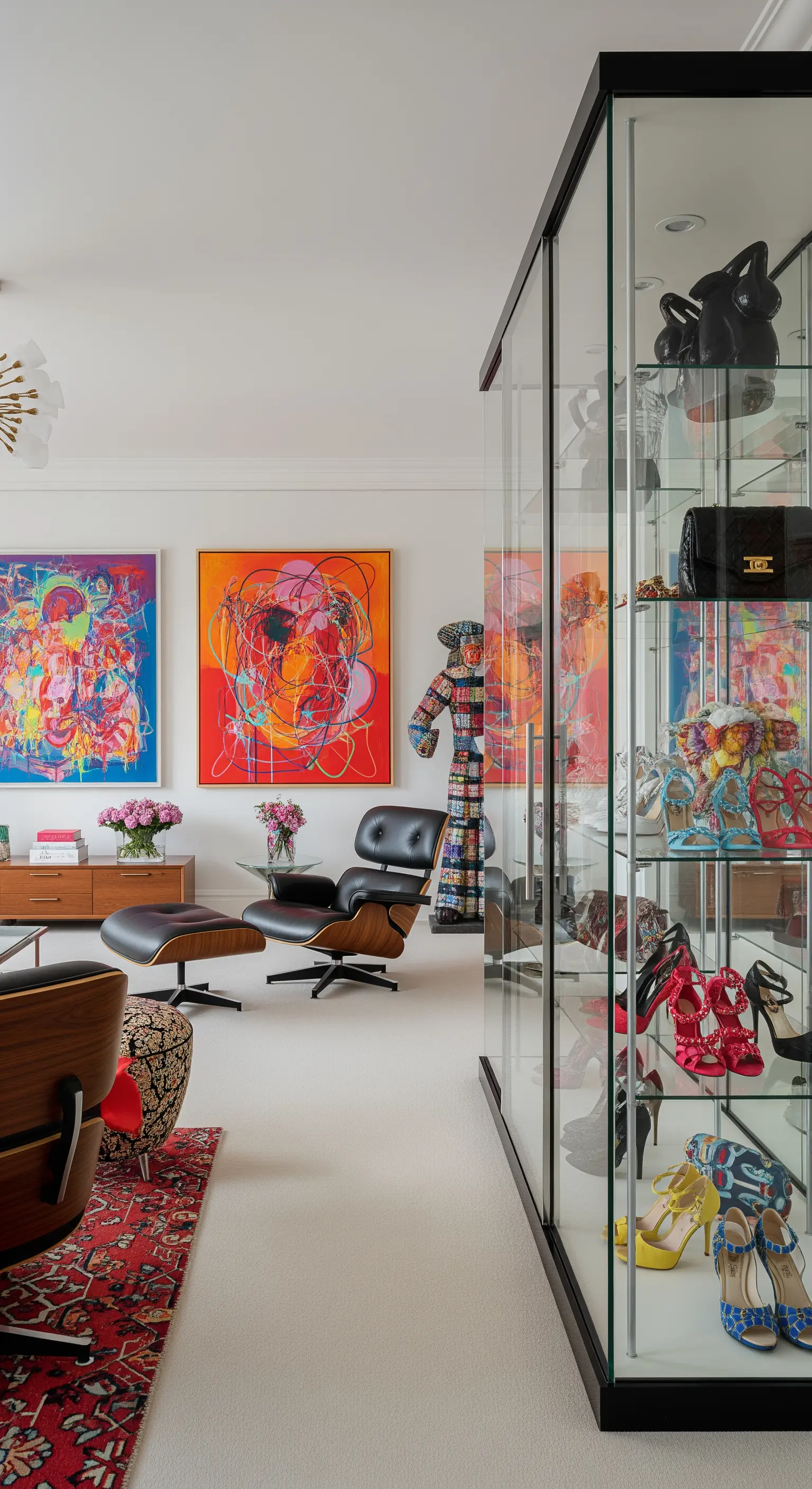 Glasvitrine als Schuhschrank in einem farbenfrohen, eklektischen Raum mit Kunst an den Wänden.