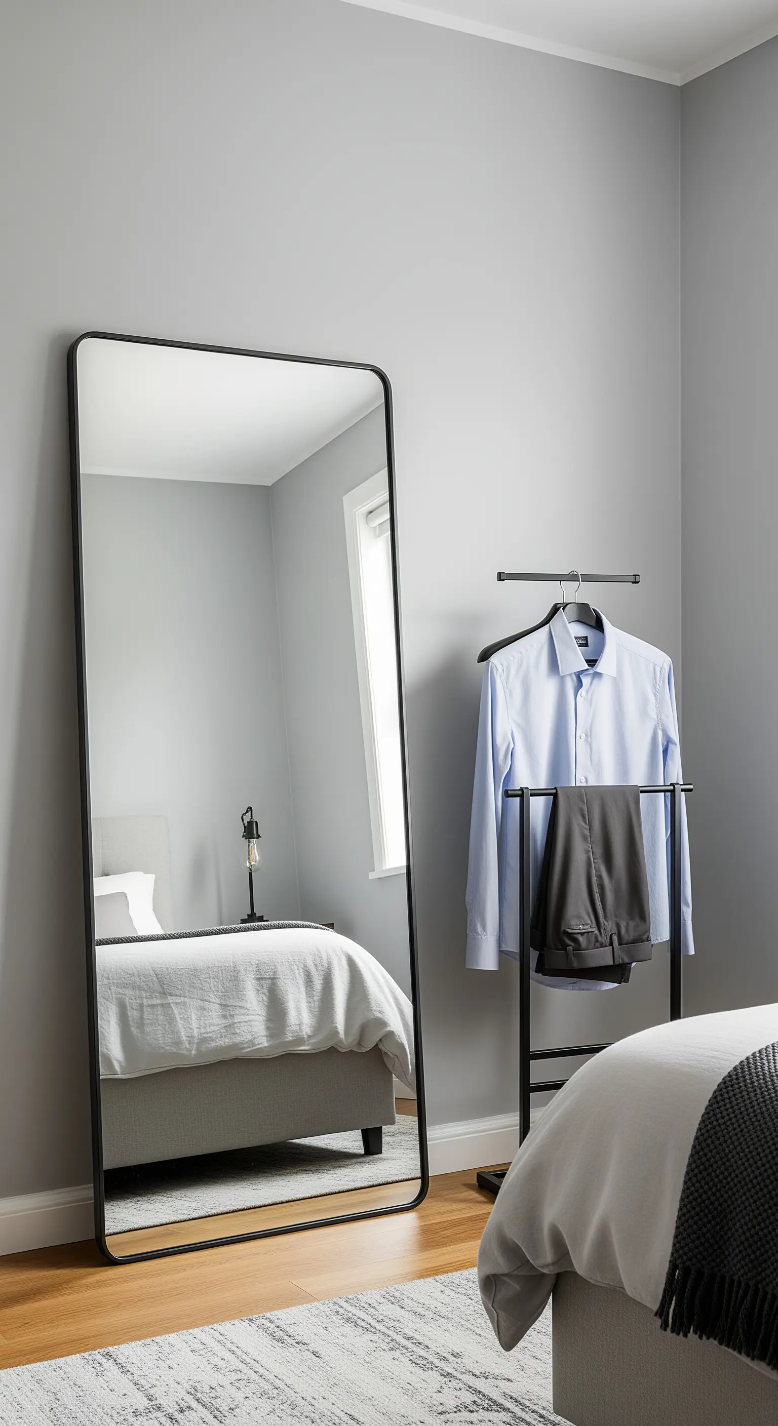 Schlafzimmerecke mit einem großen Anlehnspiegel und einem Herrendiener für Kleidung.
