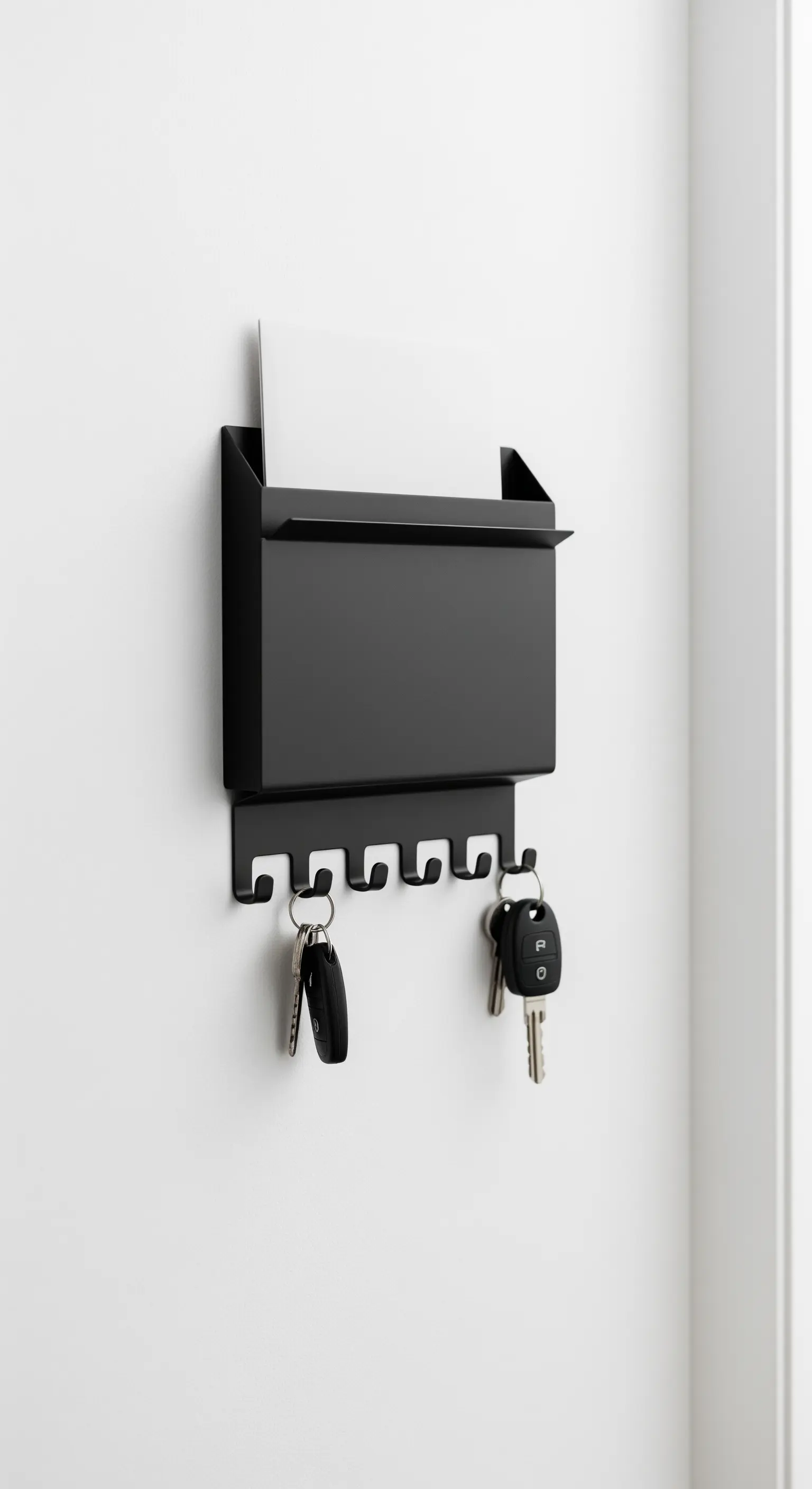 Schwarzer, minimalistischer Wandorganizer für Schlüssel und Briefe.