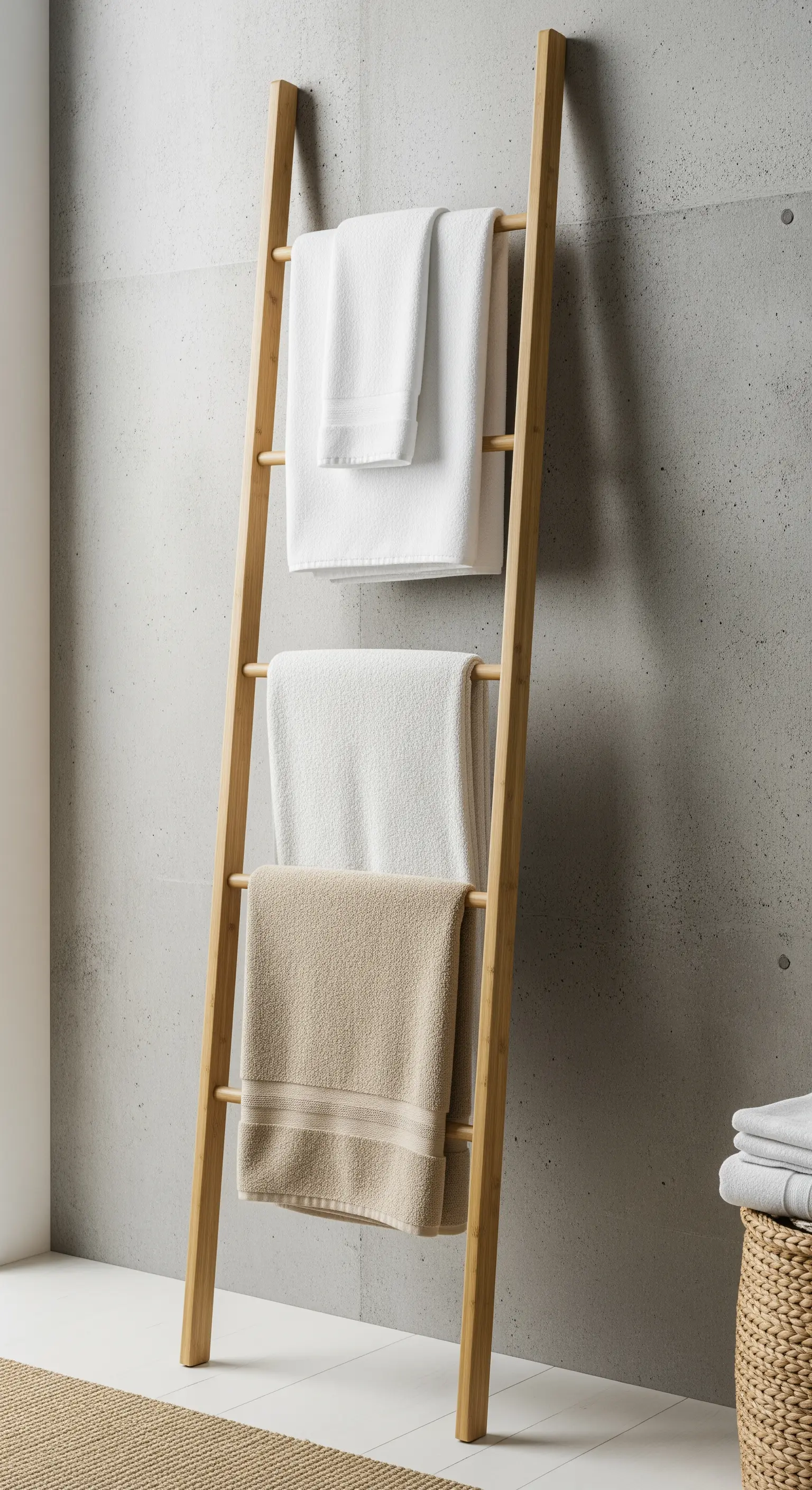 Eine Holzleiter lehnt an einer Betonwand und dient als Handtuchhalter.