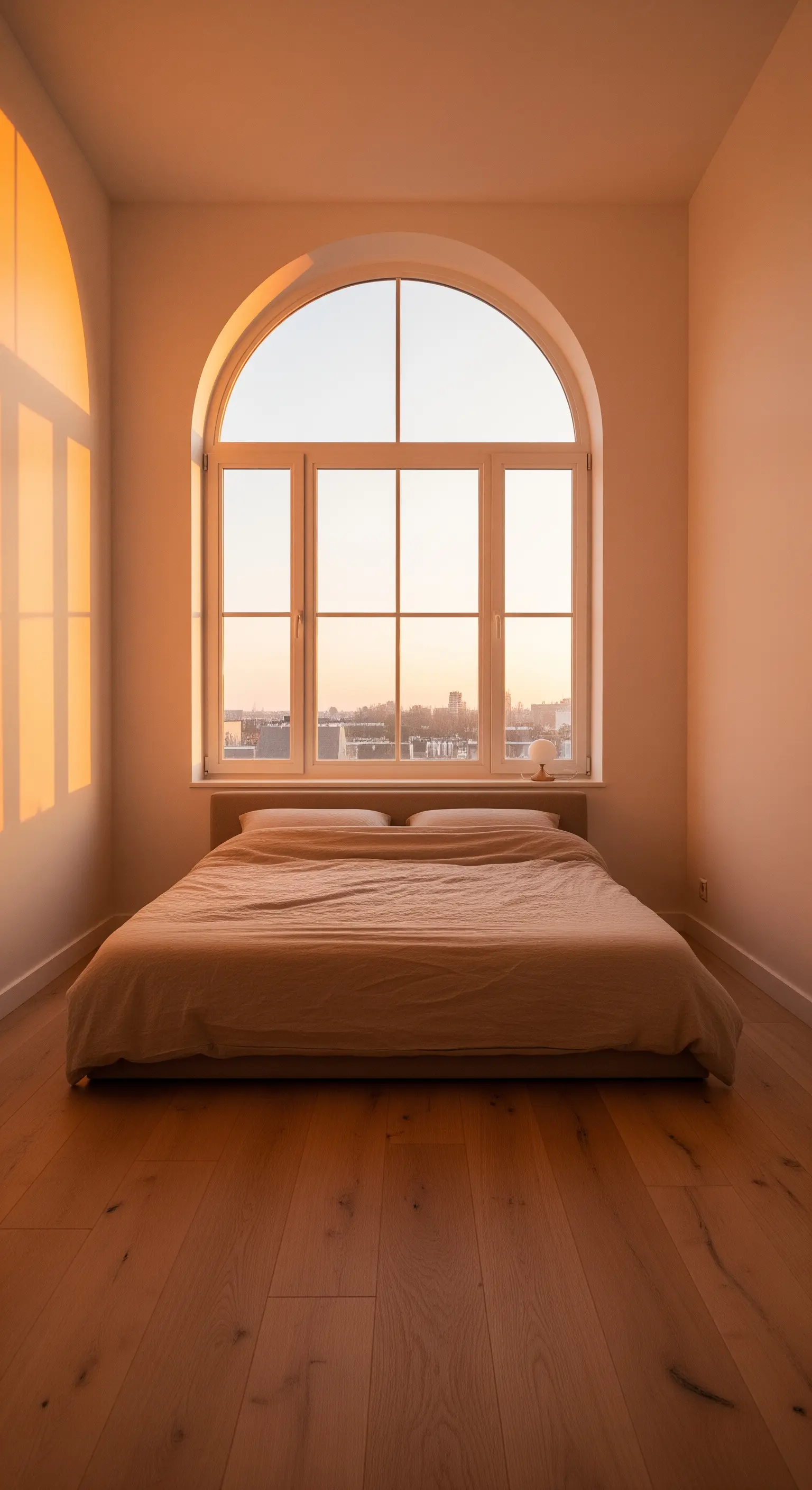 Minimalistisches Schlafzimmer mit großem Bogenfenster, das warmes Abendlicht hereinlässt.