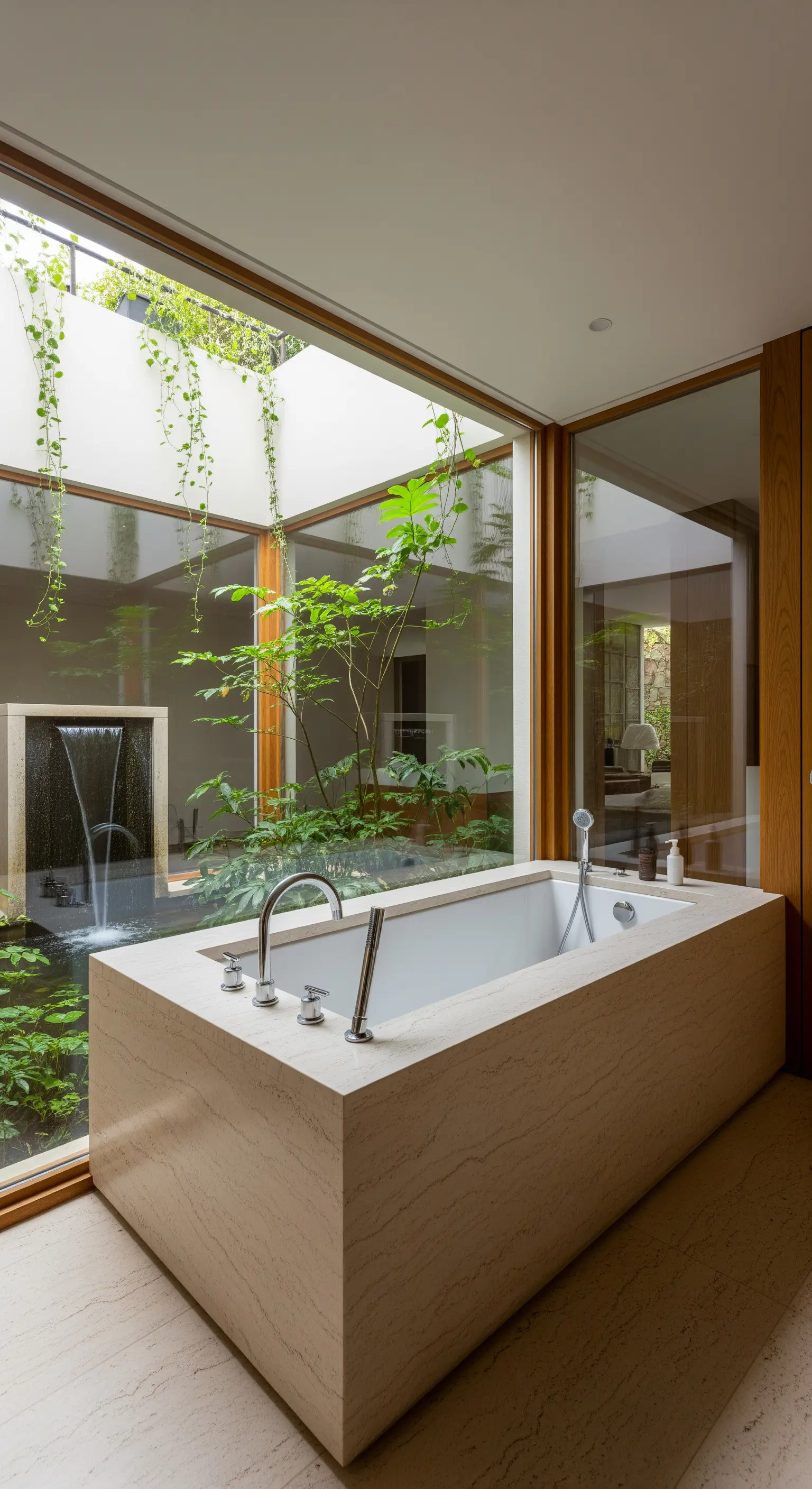 Moderne Badewanne in einem Stein-Podest direkt vor einer Glaswand zu einem grünen Innenhof