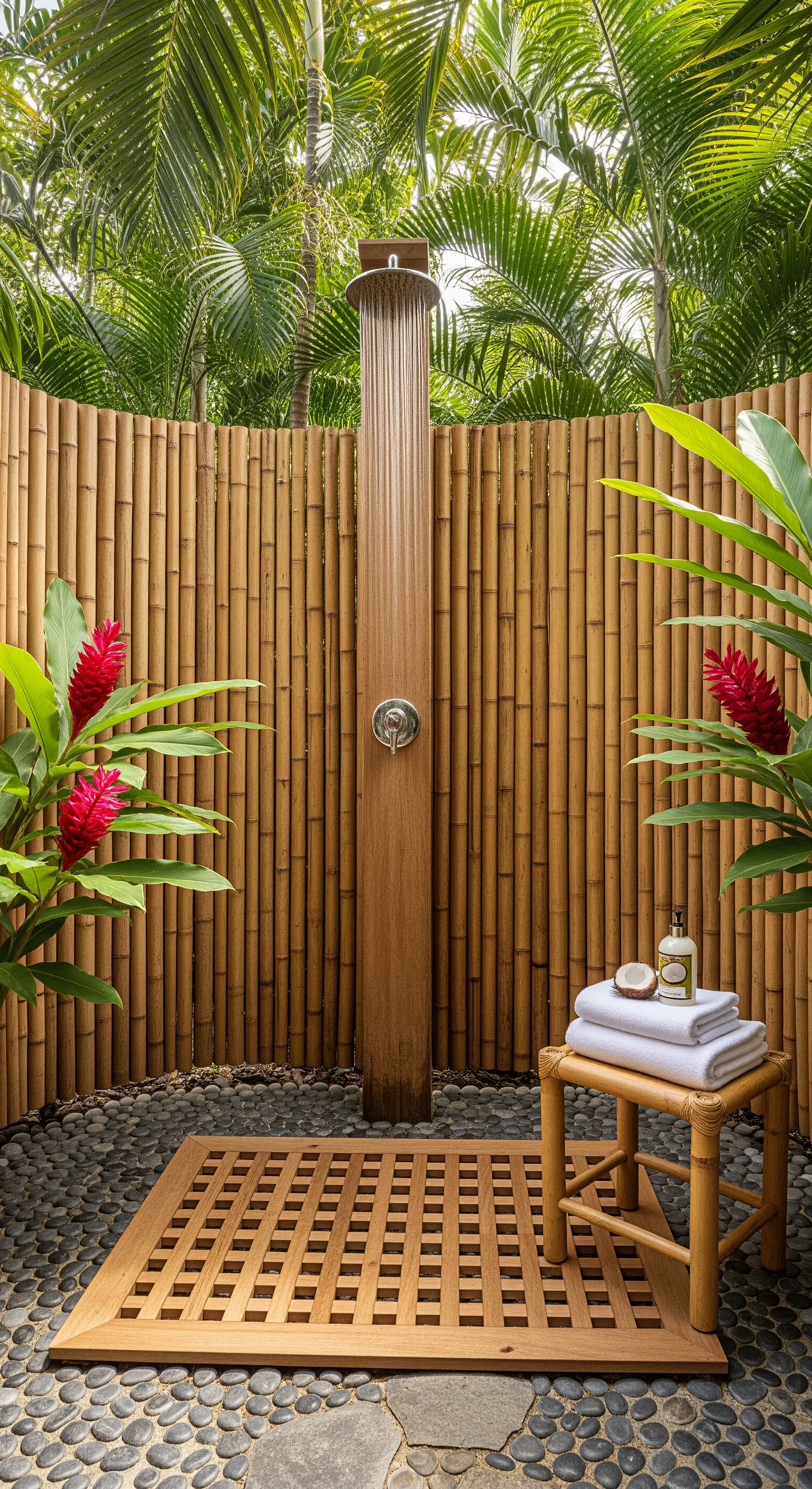 Außendusche mit einem Sichtschutz aus Bambus, umgeben von tropischen Pflanzen