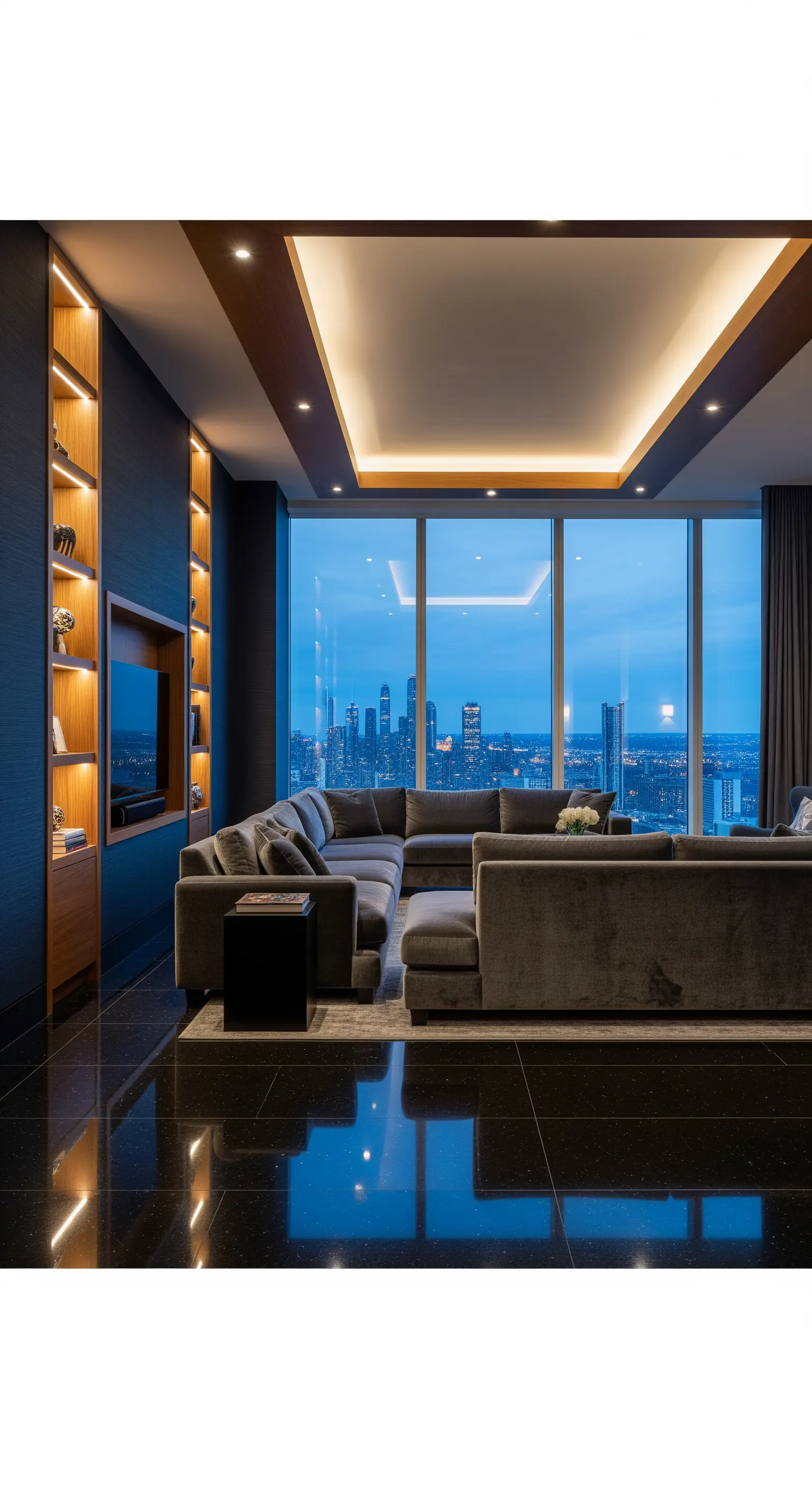 Modernes Wohnzimmer mit bodentiefen Fenstern, Stadtblick bei Nacht und indirekter Deckenbeleuchtung.