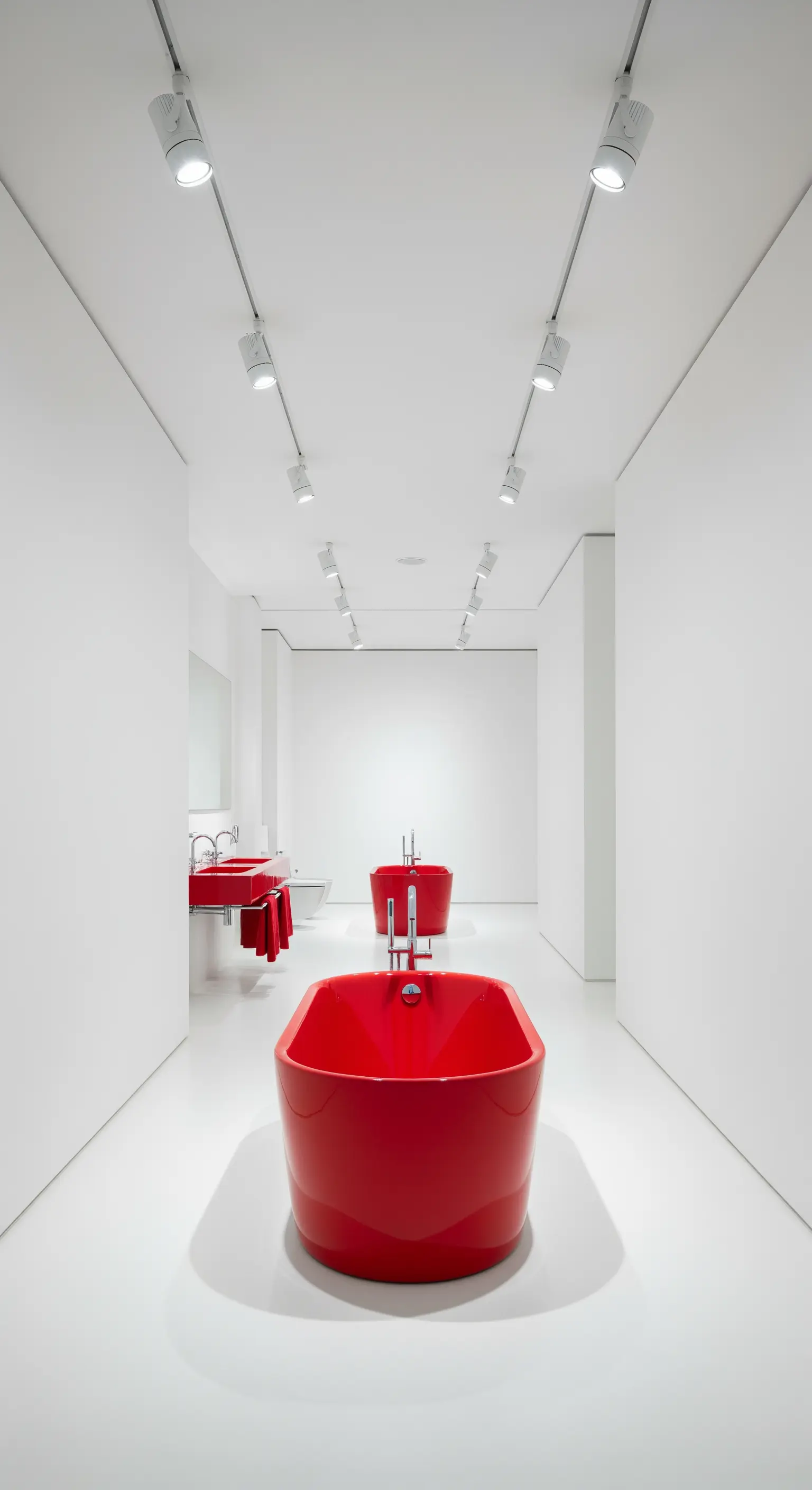 Leuchtend rote, freistehende Badewanne in einem komplett weißen, minimalistischen Galerie-Raum.