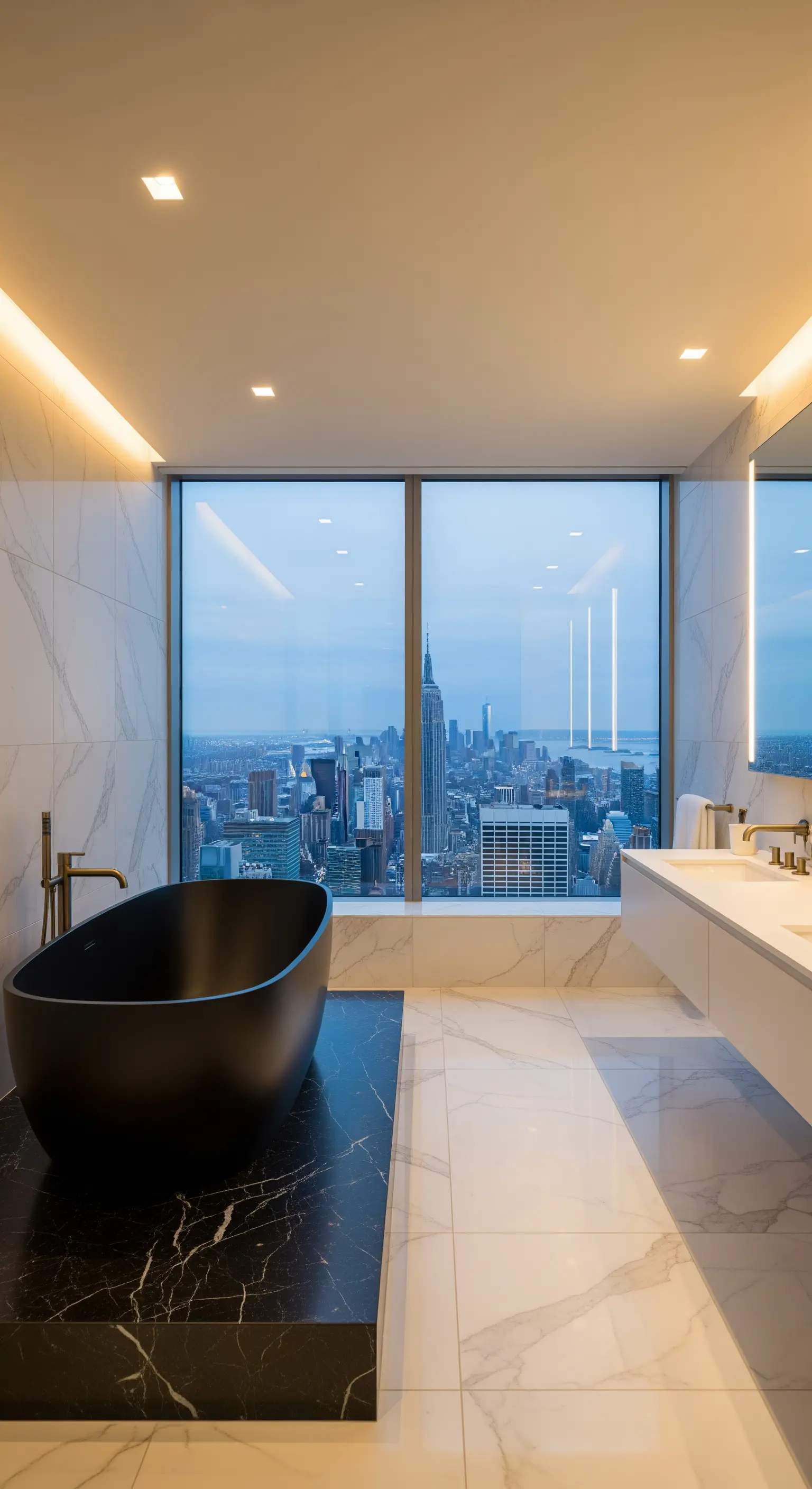 Schwarze freistehende Badewanne auf einem schwarzen Marmorpodest mit Blick auf die Skyline.