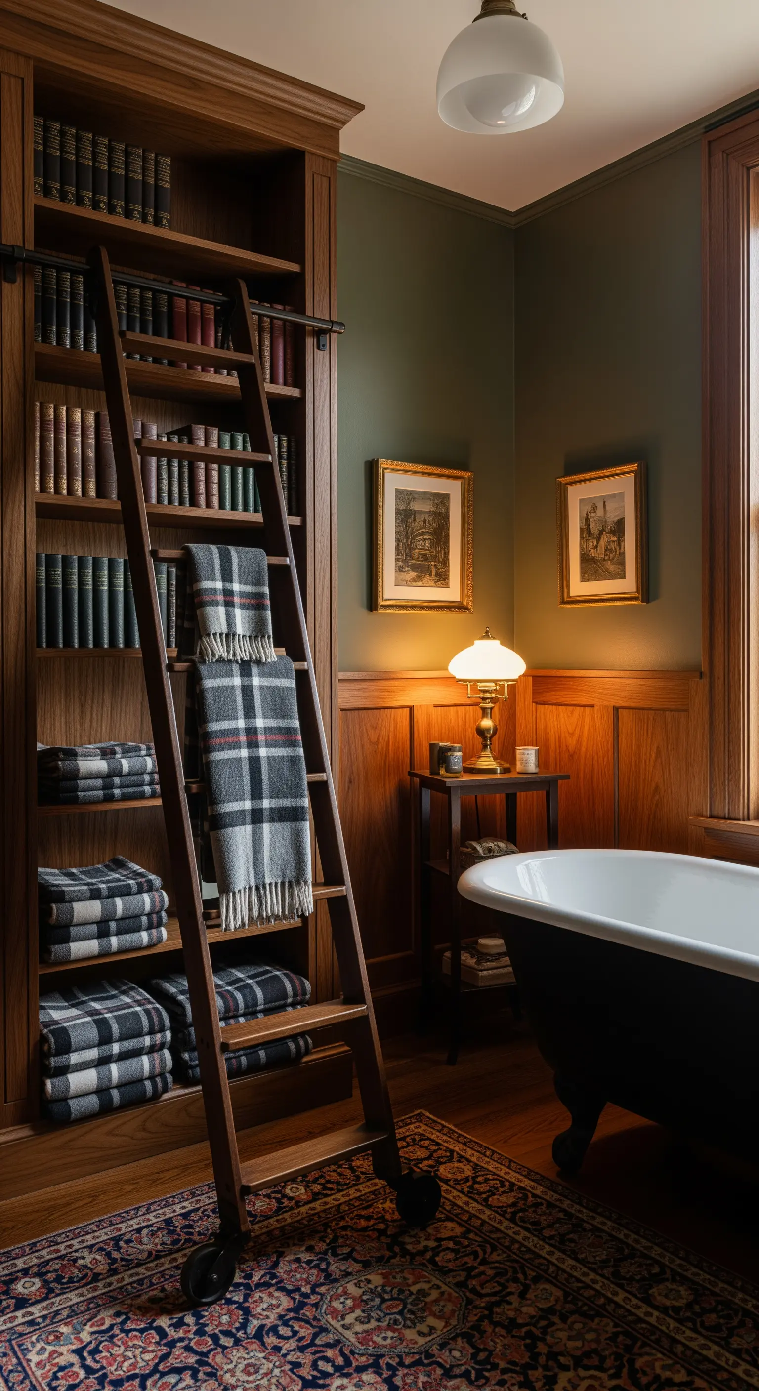 Badezimmer mit einem großen Bücherregal, das als Ablage für Handtücher und Bücher dient.