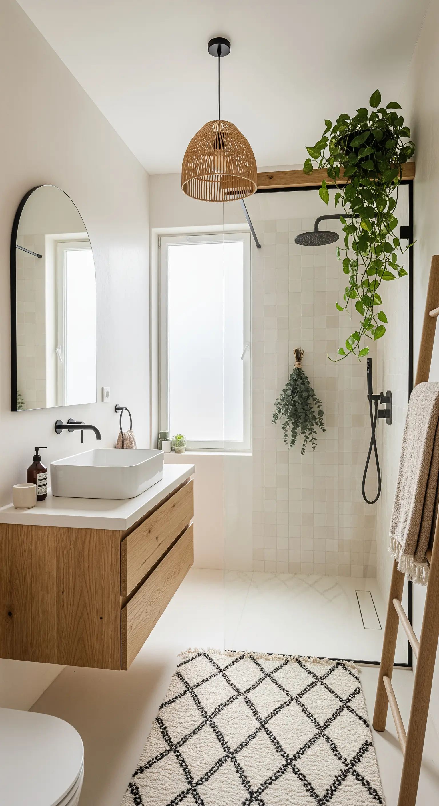 Helles Boho-Badezimmer mit Holzwaschtisch, Rattanlampe und Hängepflanze.