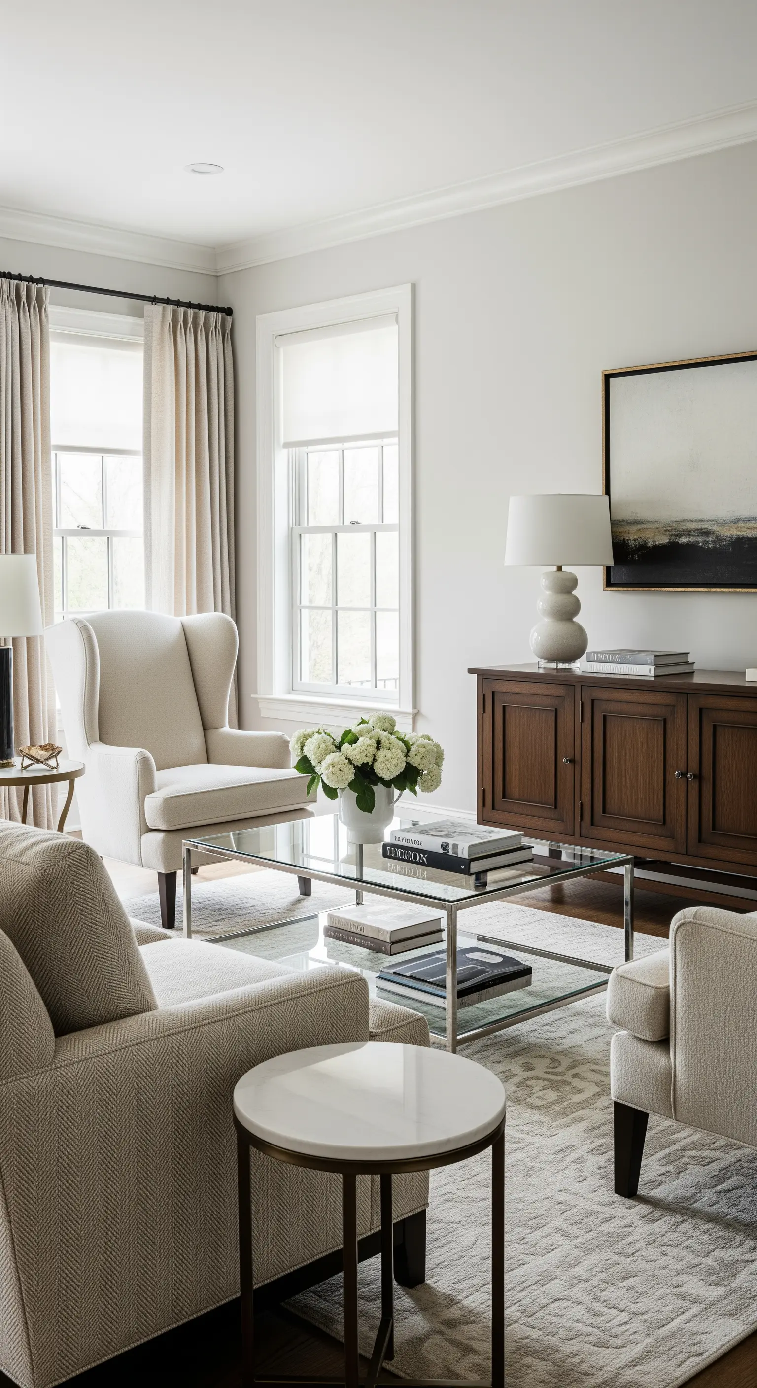 Wohnzimmer, das moderne Glastische mit klassischen Sesseln und einem Sideboard aus dunklem Holz kombiniert.