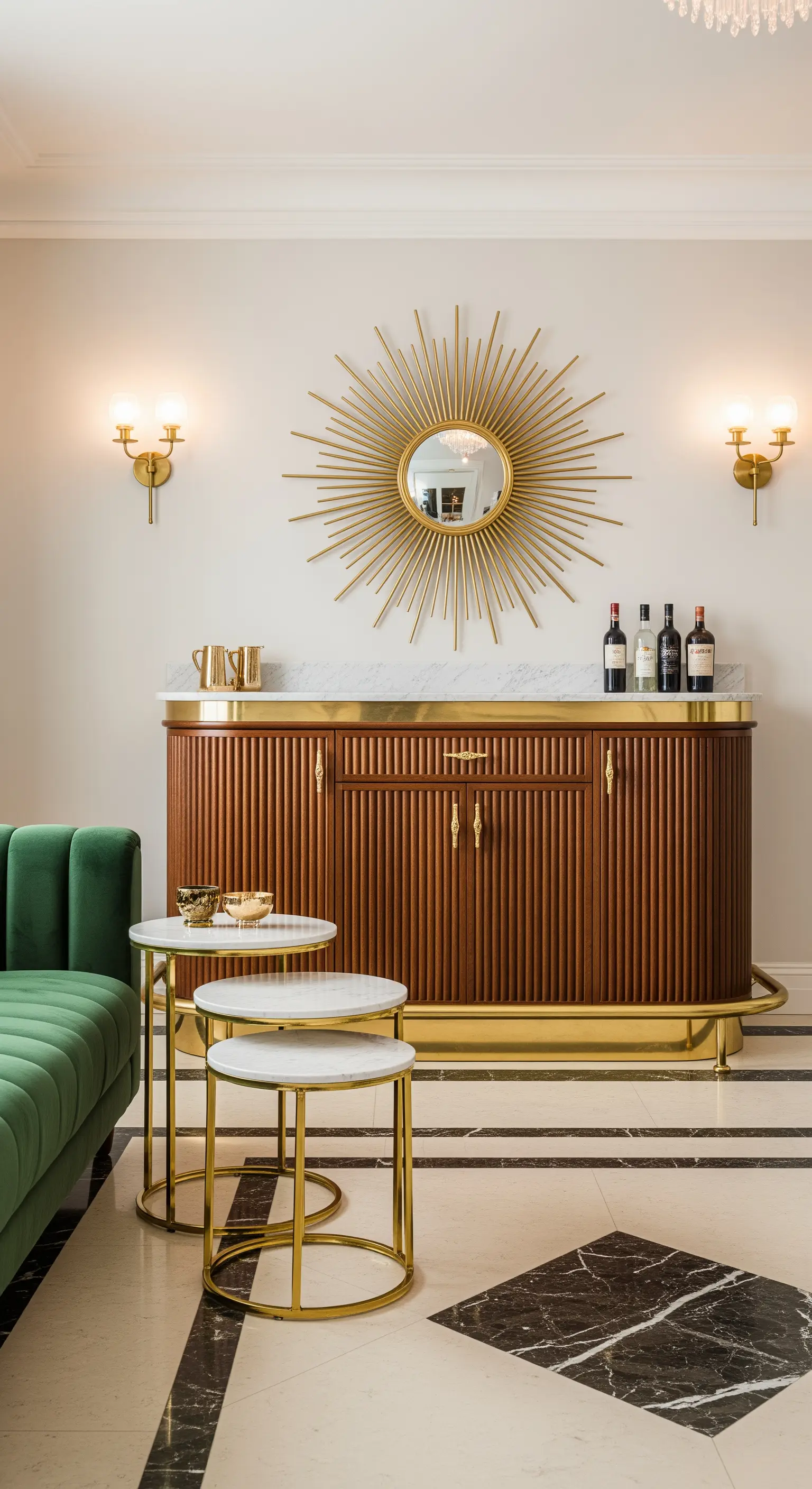 Hausbar mit Holz-Sideboard, Marmorplatte, goldenem Sonnenspiegel und Wandleuchten.