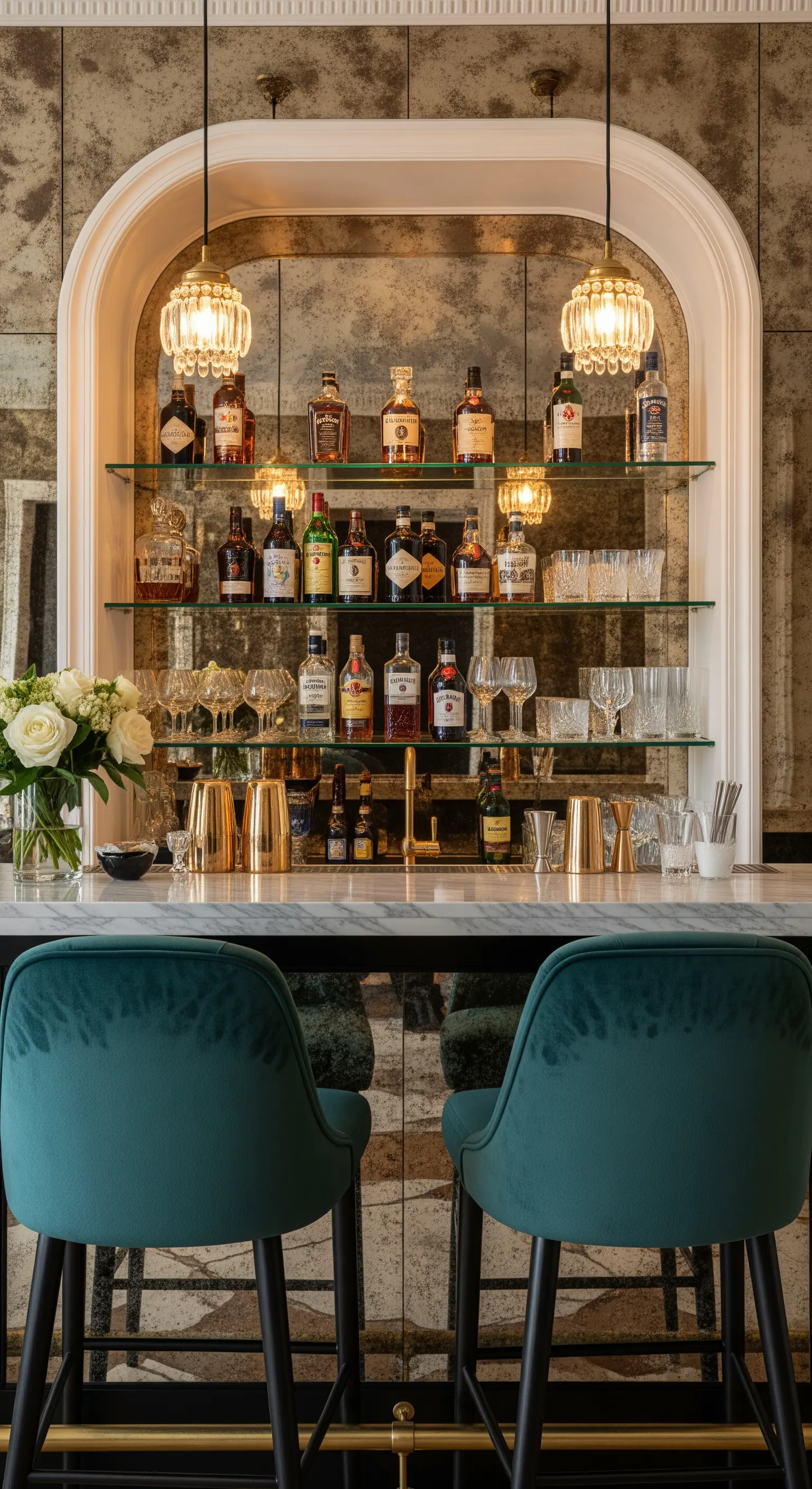 Hausbar mit einer Rückwand aus Antikspiegel, beleuchteten Glasregalen und Samt-Barhockern.