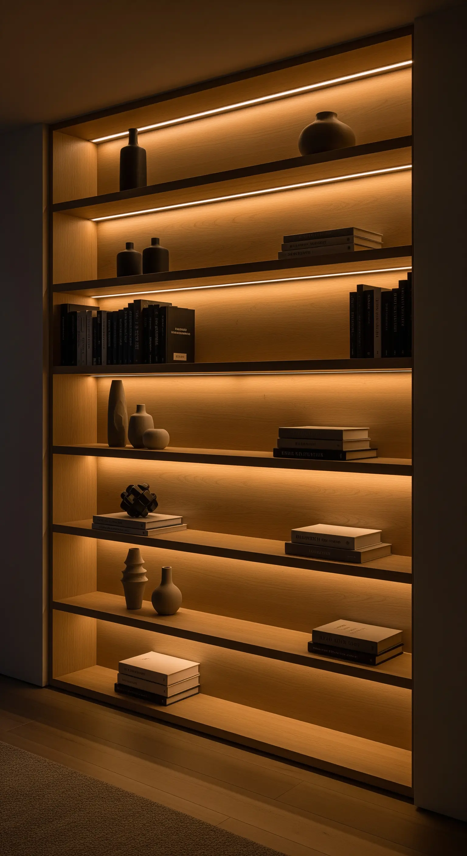 Holzregal mit integrierter, warmer LED-Beleuchtung, die Bücher und Deko hervorhebt.