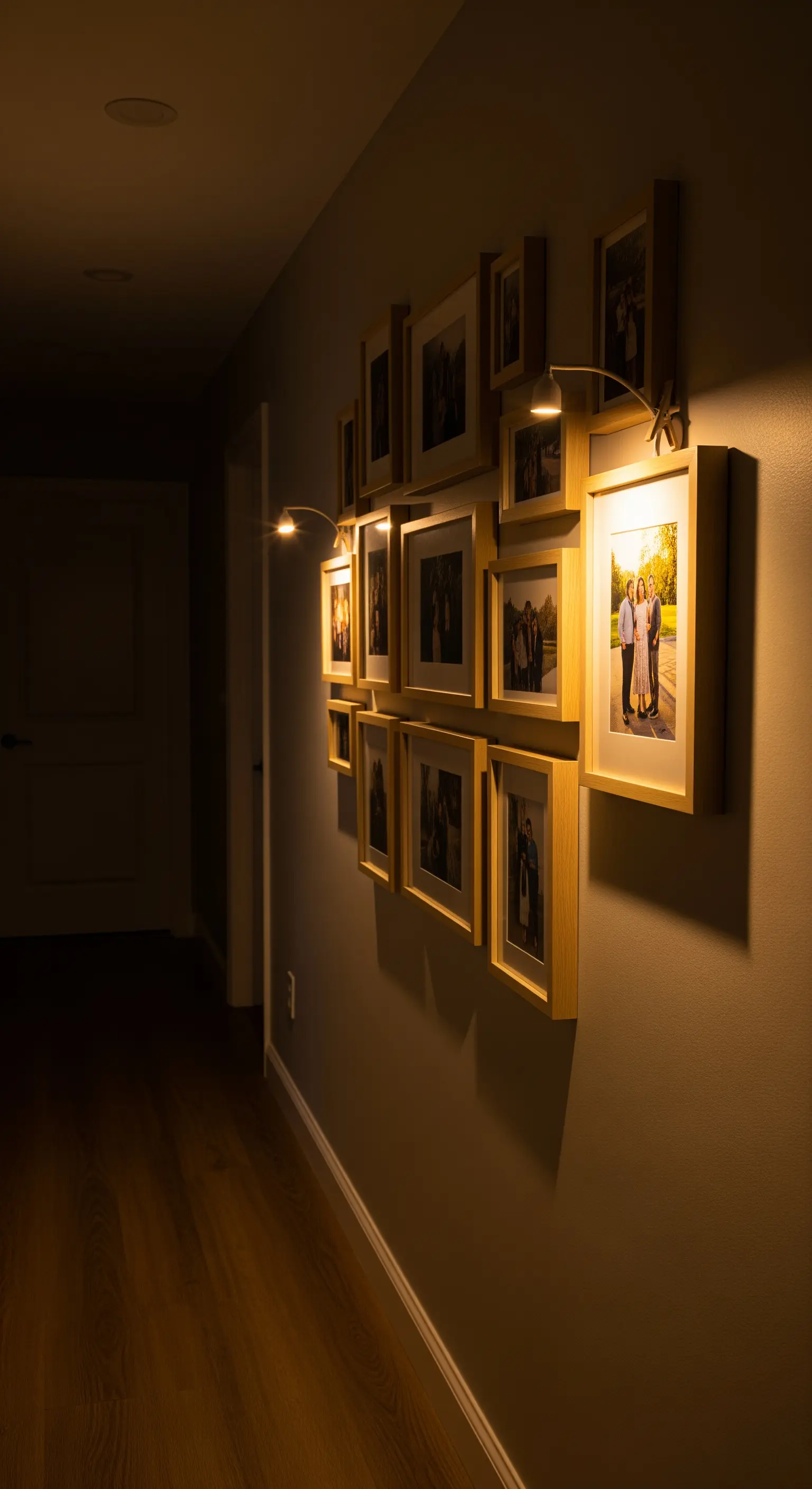 Eine Bilderwand in einem dunklen Flur wird von speziellen, warmen Bilderleuchten angestrahlt.