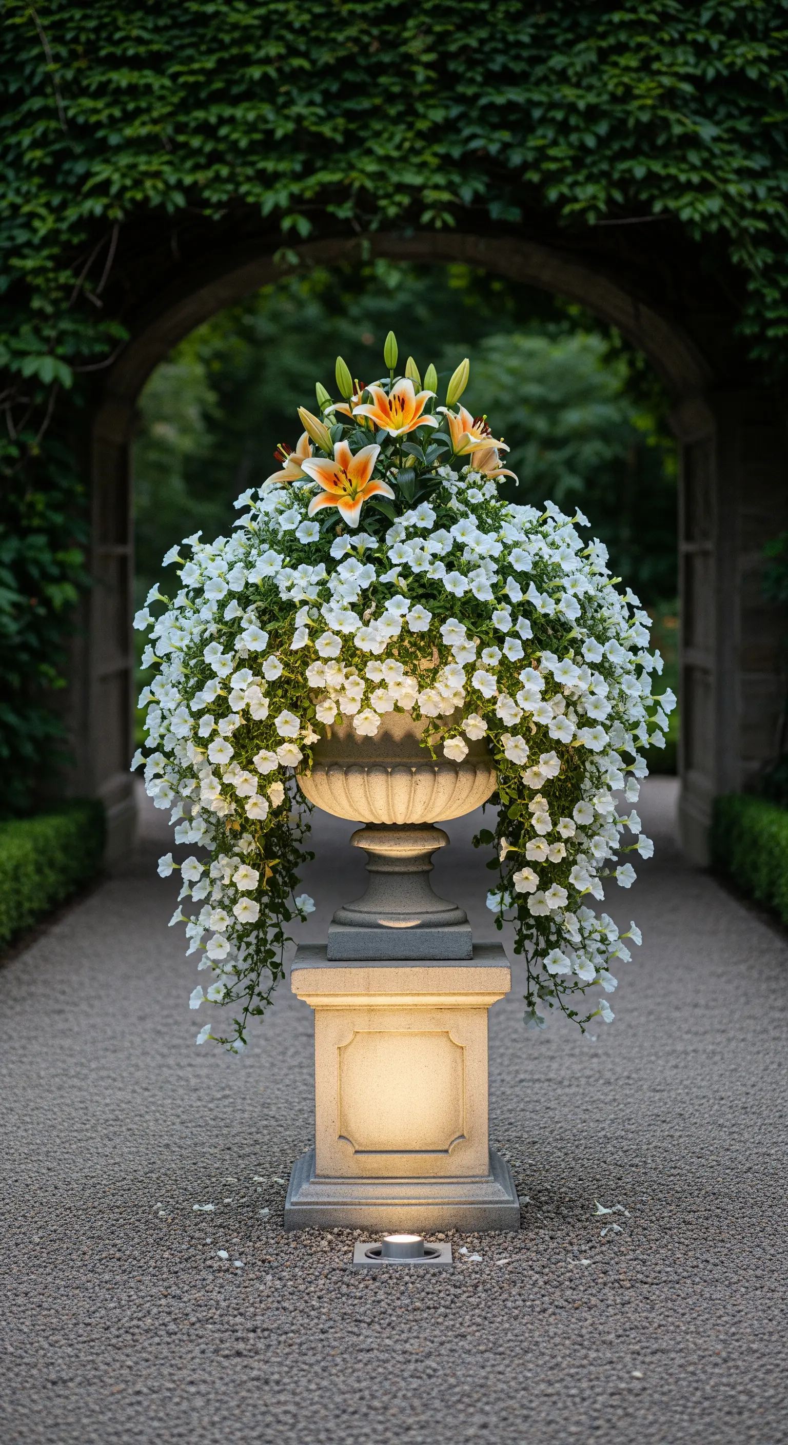 Eine große, von unten beleuchtete Steinurne, überbordend mit weißen Petunien und Lilien.