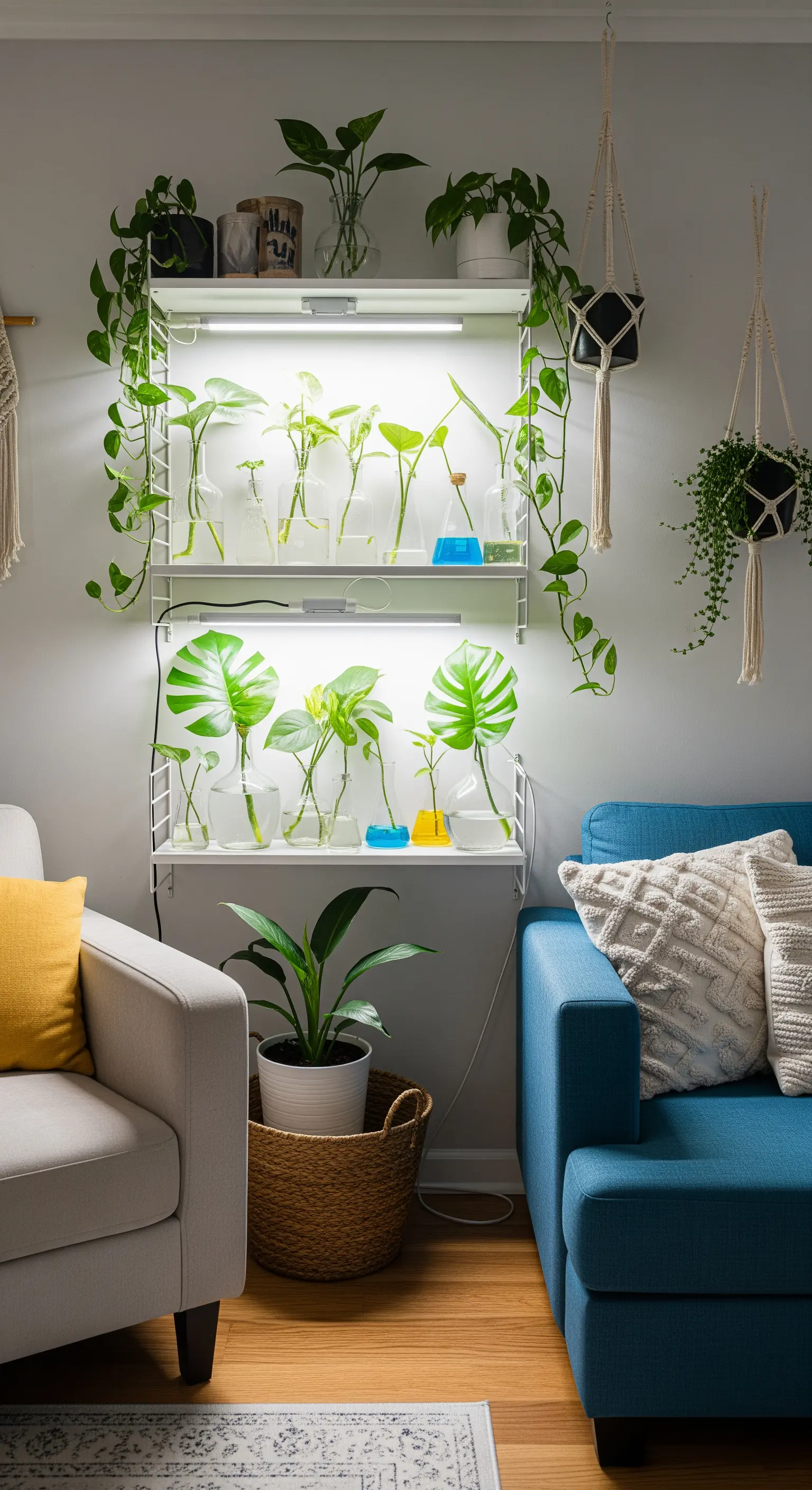Ein beleuchtetes Wandregal, das als Vermehrungsstation für Pflanzenstecklinge in Glasvasen dient.