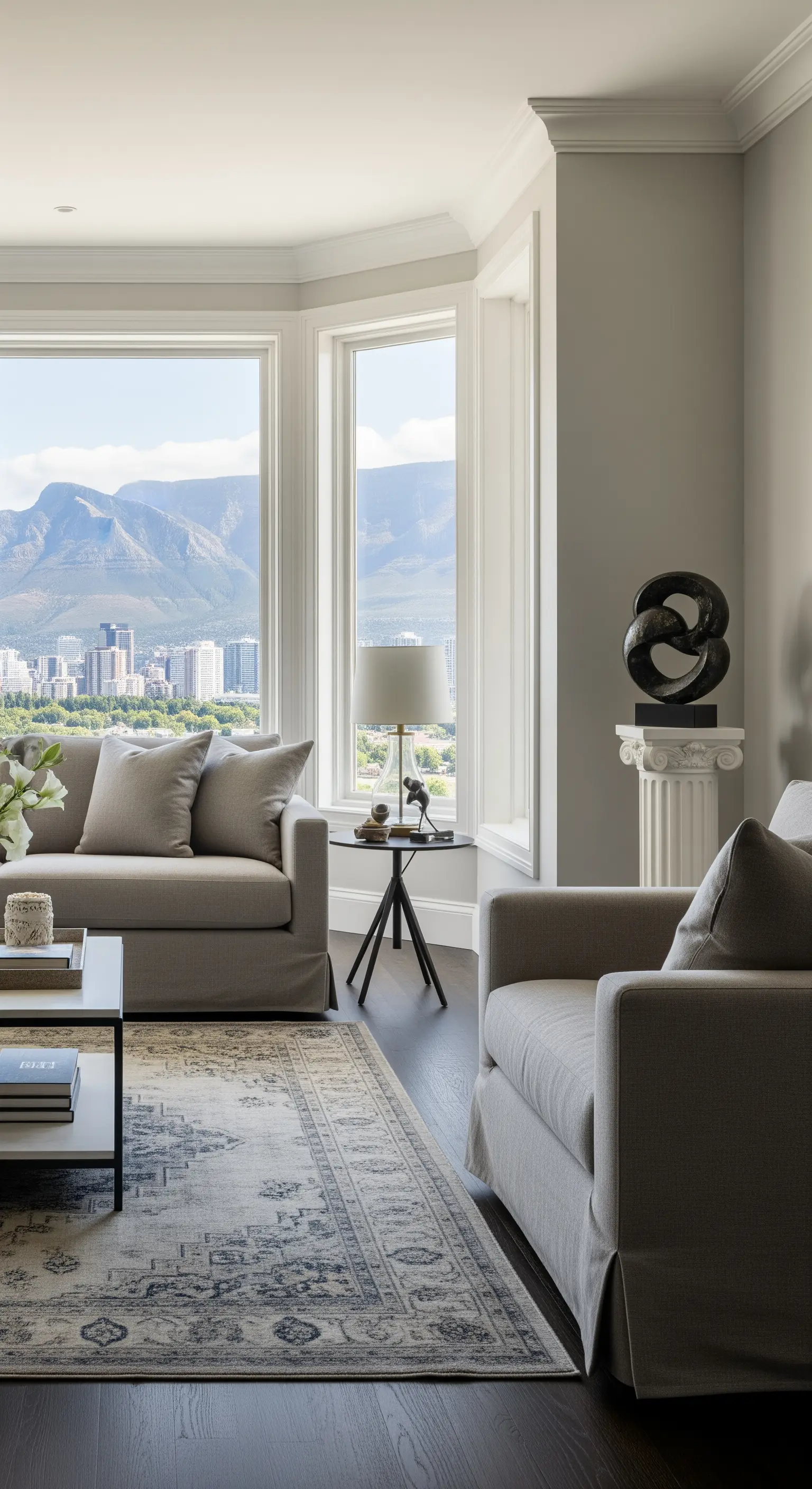 Klassisch-modernes Wohnzimmer mit symmetrischer Sofaanordnung und Bergblick