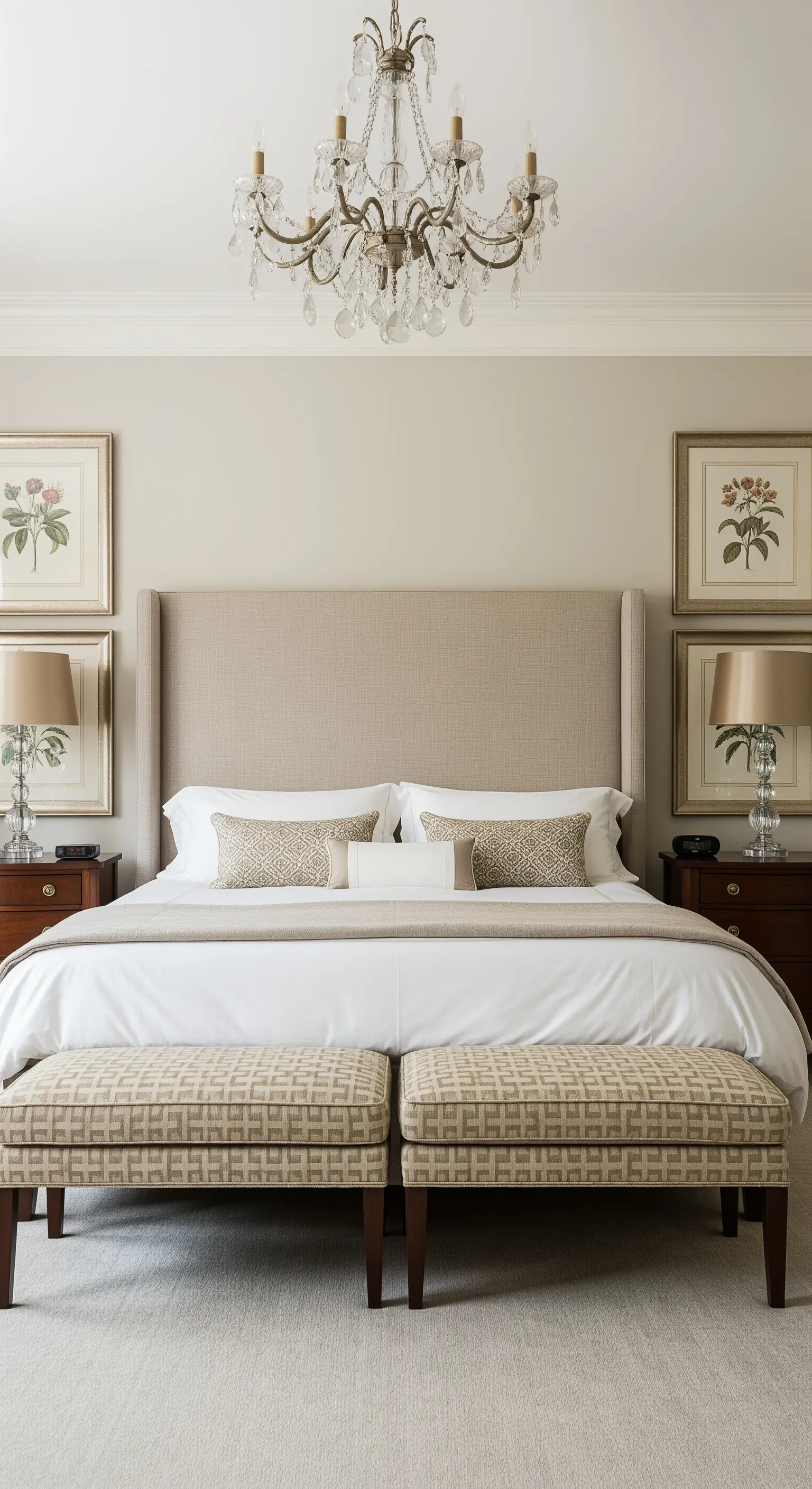 Klassisch-elegantes Schlafzimmer mit symmetrischer Anordnung von Lampen, Bildern und Bänken.