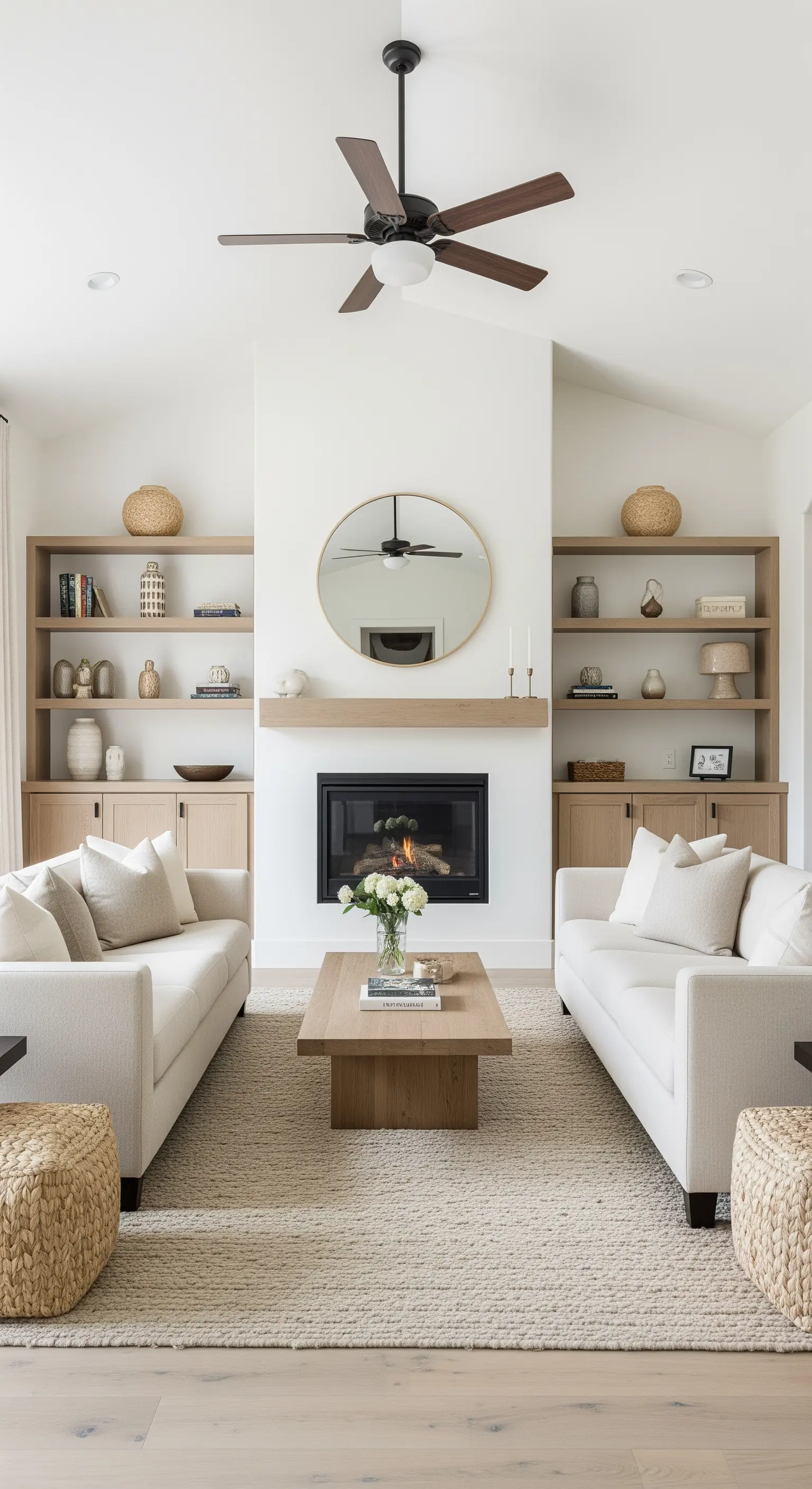 Symmetrisch eingerichtetes Wohnzimmer mit Kamin, zwei Sofas und passenden Bücherregalen.