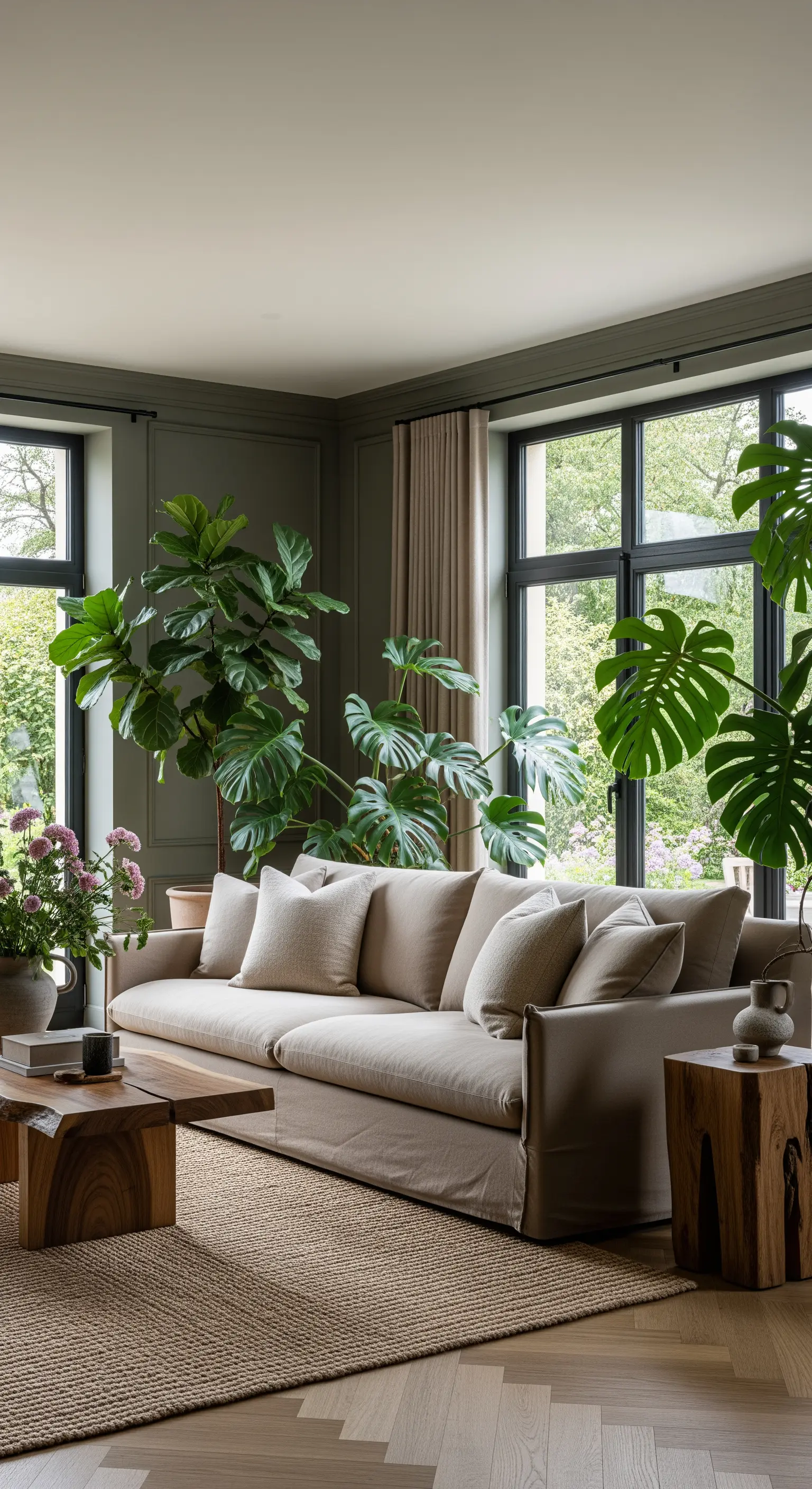 Wohnzimmer mit großen Zimmerpflanzen wie Monstera und Geigenfeige neben einem beigen Sofa.