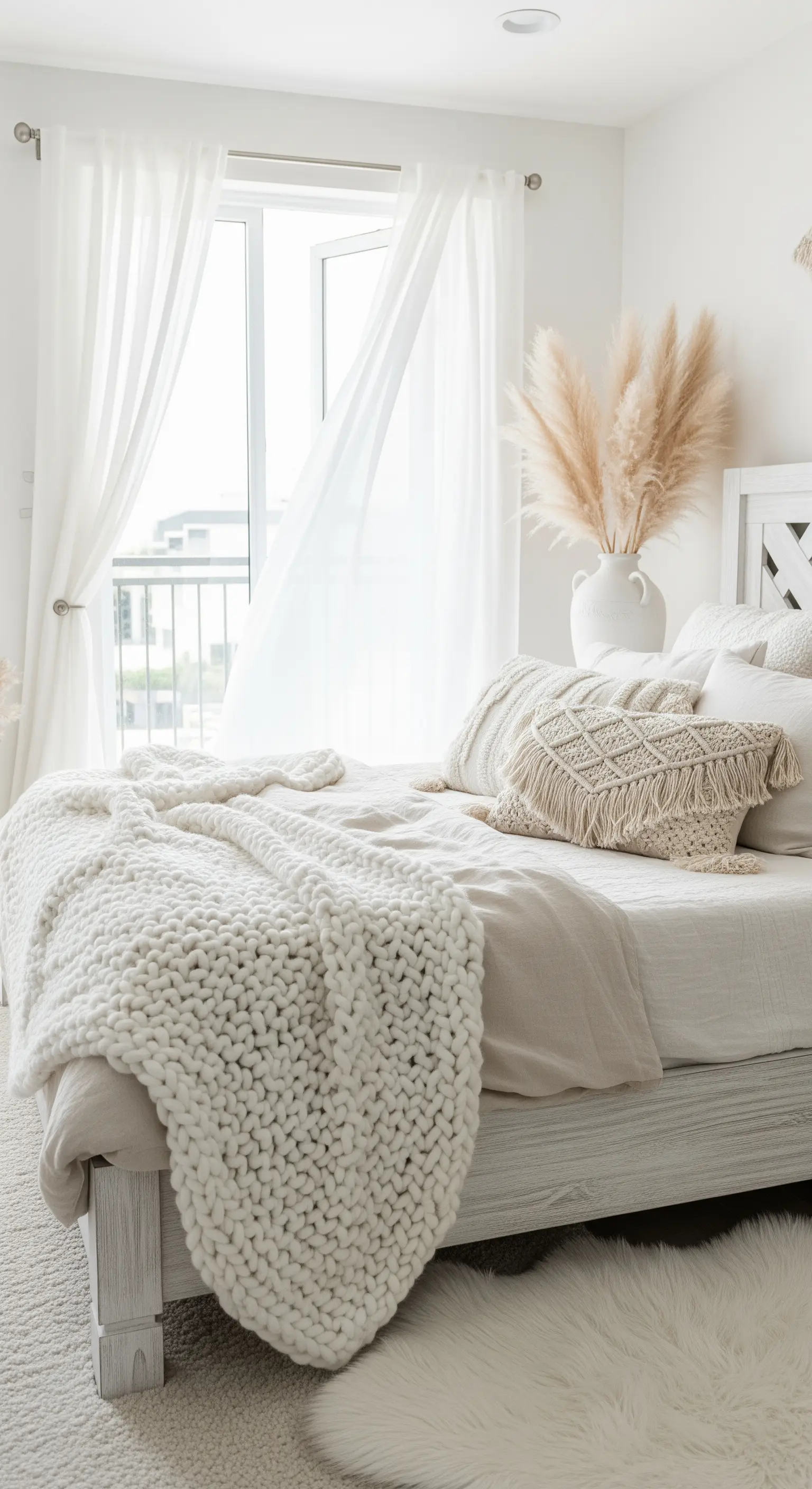 Helles, weißes Schlafzimmer mit vielen verschiedenen Texturen wie Strickdecke und Makramee-Kissen.