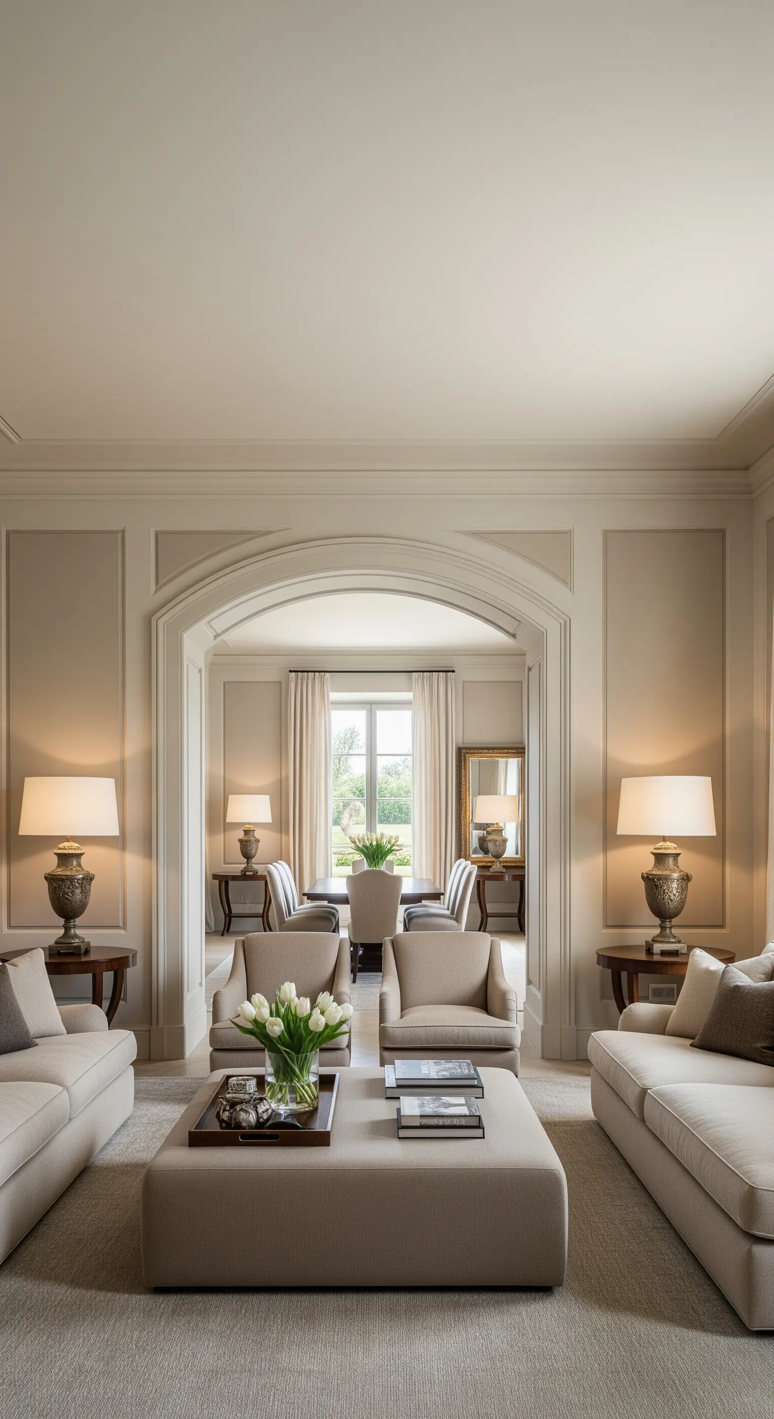 Elegantes Wohnzimmer mit zwei gegenüberstehenden beigen Sofas und symmetrisch platzierten Lampen.